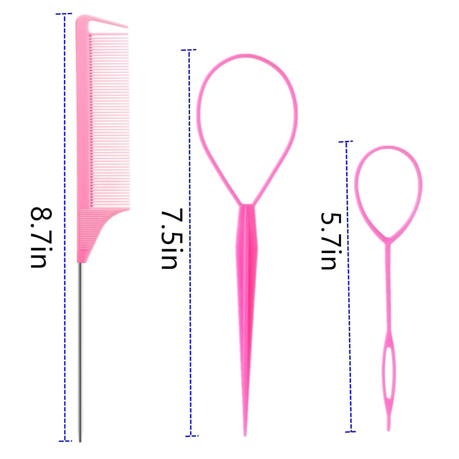 Luumxai 9pcs Topsy Hair Tail Tool and rat tail comb set,6pcs French Braiding Tool ring,3Pcs Metal Parting Combs,Woman Girl Hair Styling (Pink,Purple, Black) - Image 7