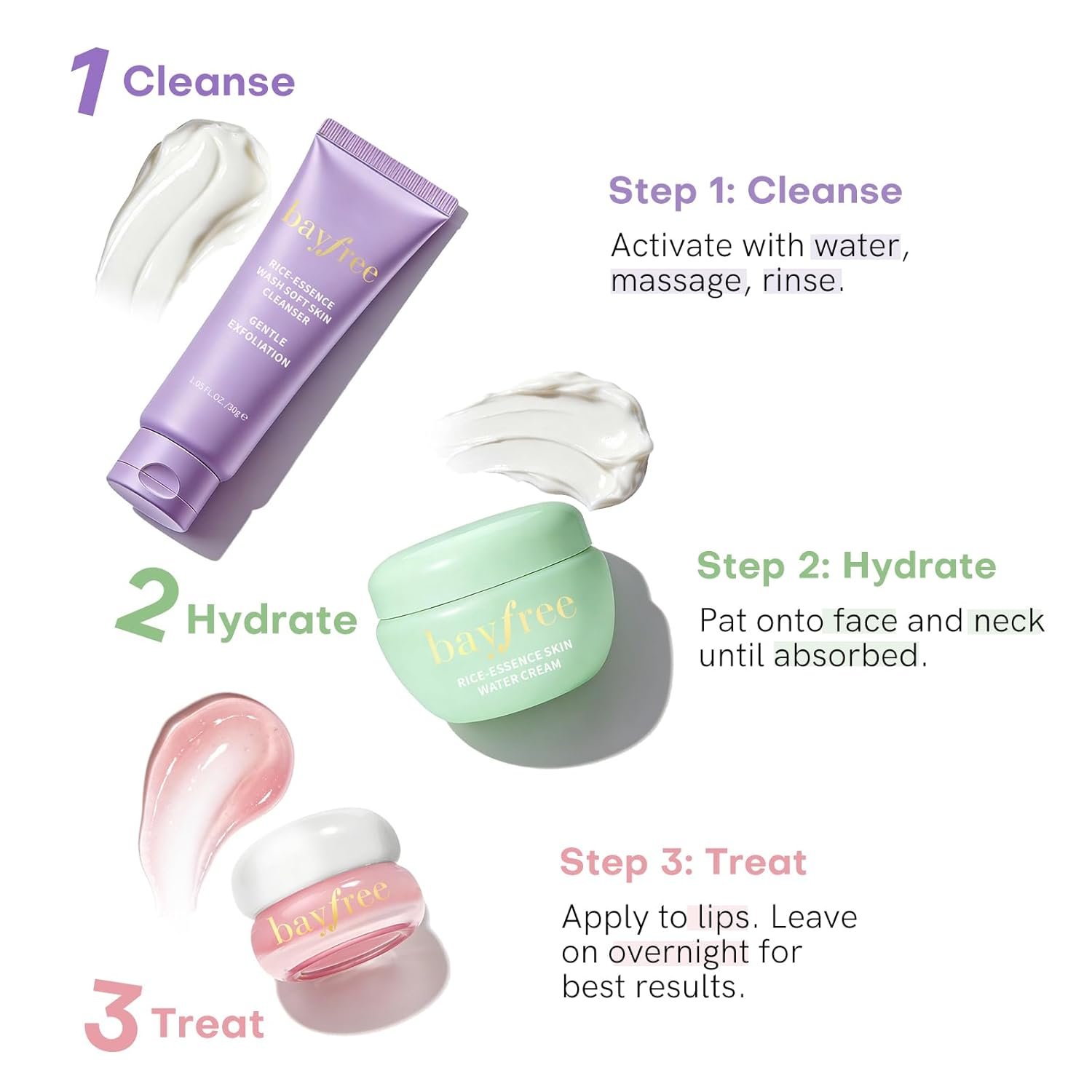 bayfree Favorites Travel Dewy Skin & Lips Plump Set, Hydrating Korean Skin Care Set with Rice-Essence Wash, Water Cream & Lip Mask, Gentle Vegan Skincare Gift Set for Girls Women, Glowing Skin - Image 7