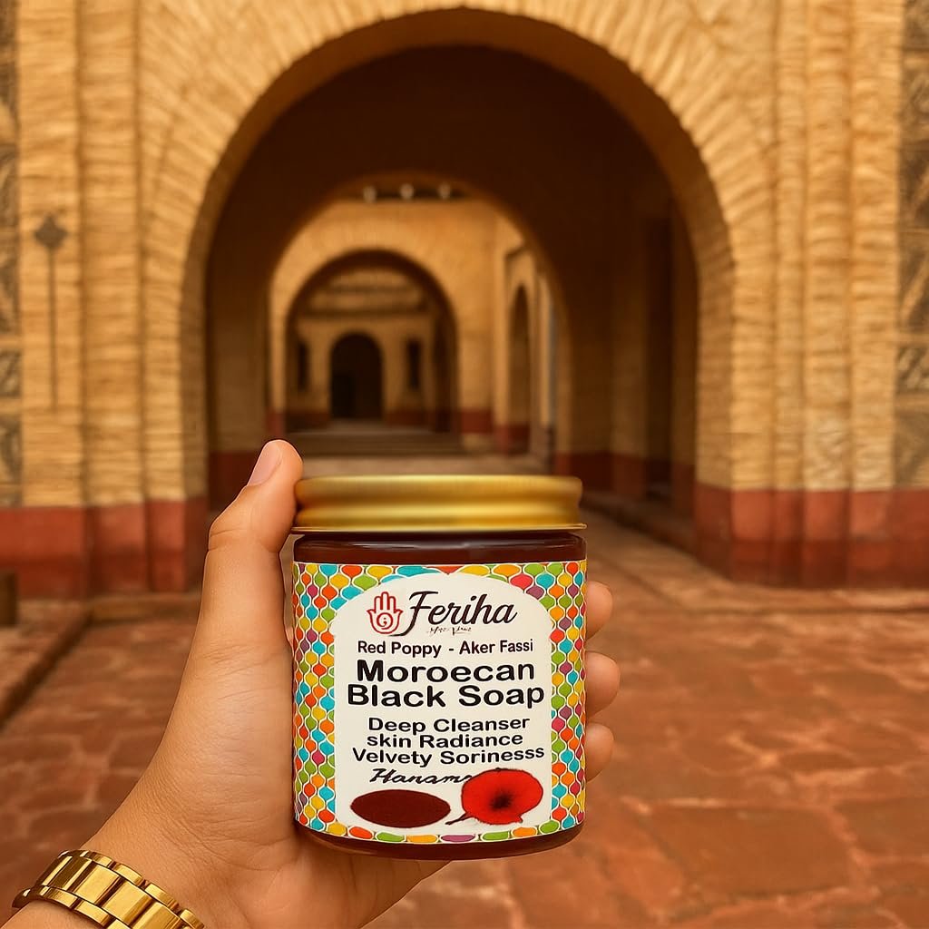 FERIHA Moroccan Black Soap with Aker Fassi – Red Poppy Petals & Pomegranate Shell – 100% Natural Artisan Beldi Hammam Soap for Radiance, Skin Firming & Deep Cleansing – Sourced & Crafted in Morocco - Image 6