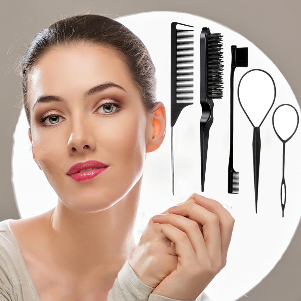 5Pcs Slick Back Brush Set with Topsy Tail Tool, Teasing Bristle, Rat Comb for Women & Girls Hair Styling, Flyaways Control and Edge Combing - BIACK - Image 2