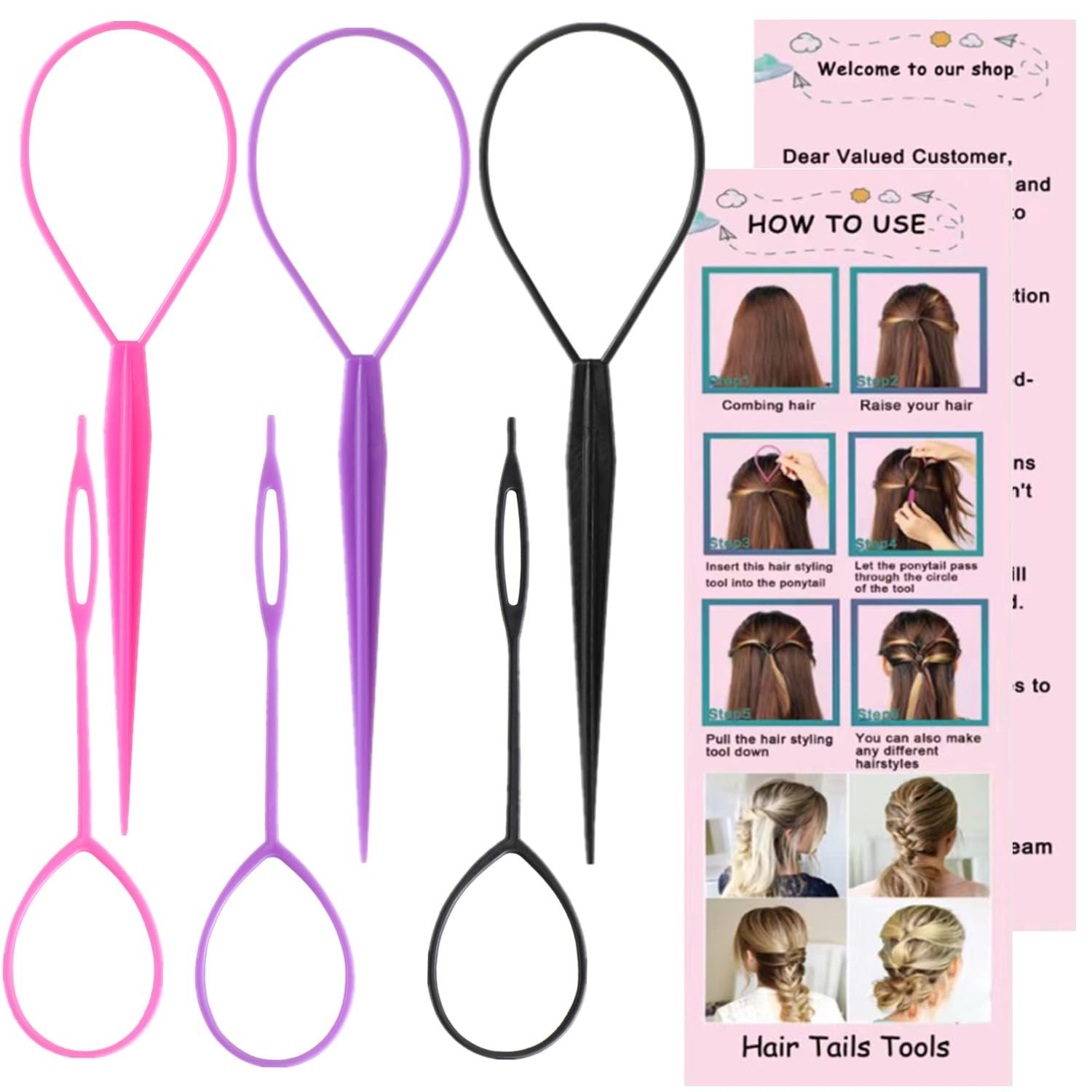 Luumxai 9pcs Topsy Hair Tail Tool and rat tail comb set,6pcs French Braiding Tool ring,3Pcs Metal Parting Combs,Woman Girl Hair Styling (Pink,Purple, Black) - Image 2