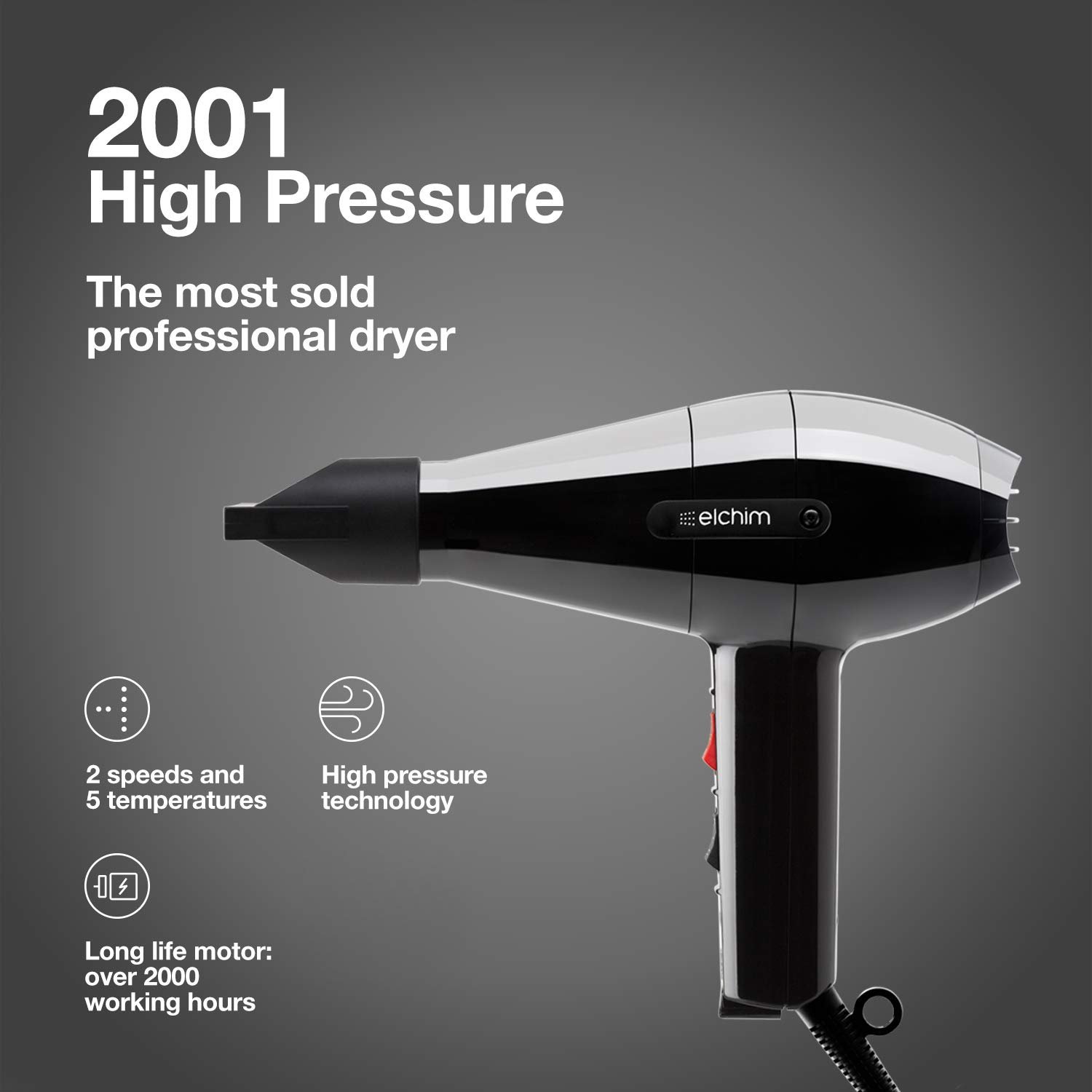 Elchim Classic 2001 High Pressure Hair Dryer - 1875 Watt Quick Dry Professional Salon Blow Dryer, Corded electric - Image 2