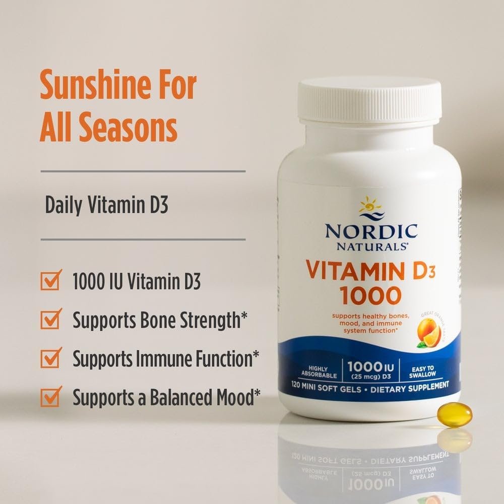 Nordic Naturals Vitamin D3 1000, Orange - 120 Mini Soft Gels - 1000 IU Vitamin D3 - Supports Healthy Bones, Mood & Immune System Function - Non-GMO - 120 Servings - Image 3