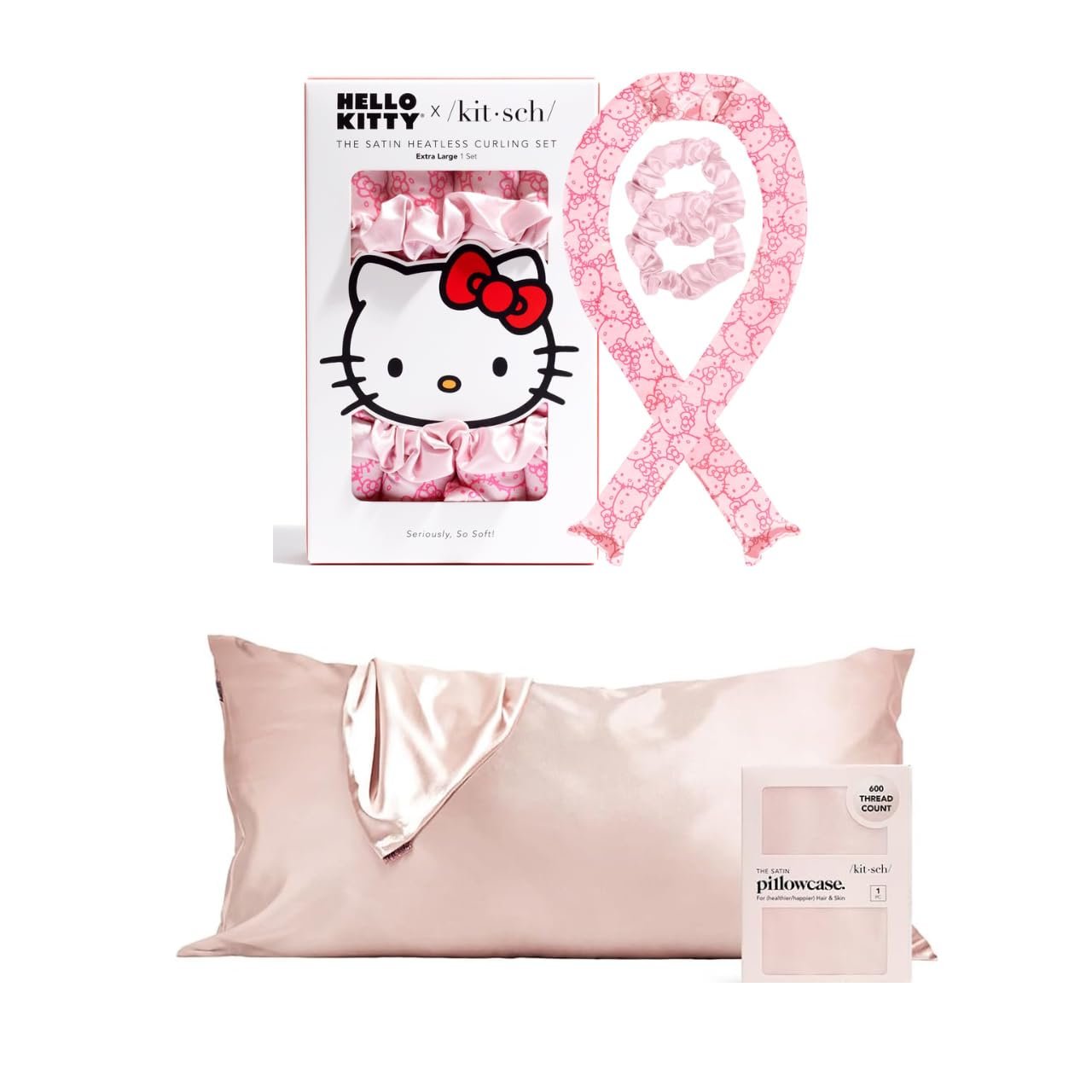 Hello Kitty x Kitsch Satin Heatless Curling Set XL (Pink Kitty Faces) & Satin Pillowcase with Zipper King Size 19"x36" (Blush) Bundle