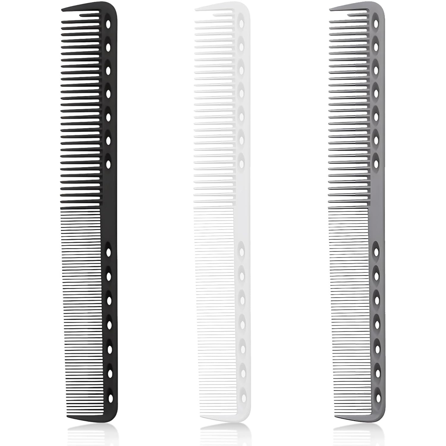 3-Piece Carbon Fiber Salon Hairdressing Comb Set - Fine Cutting Comb for Men & Women - Heat Resistant - Black, Grey, White