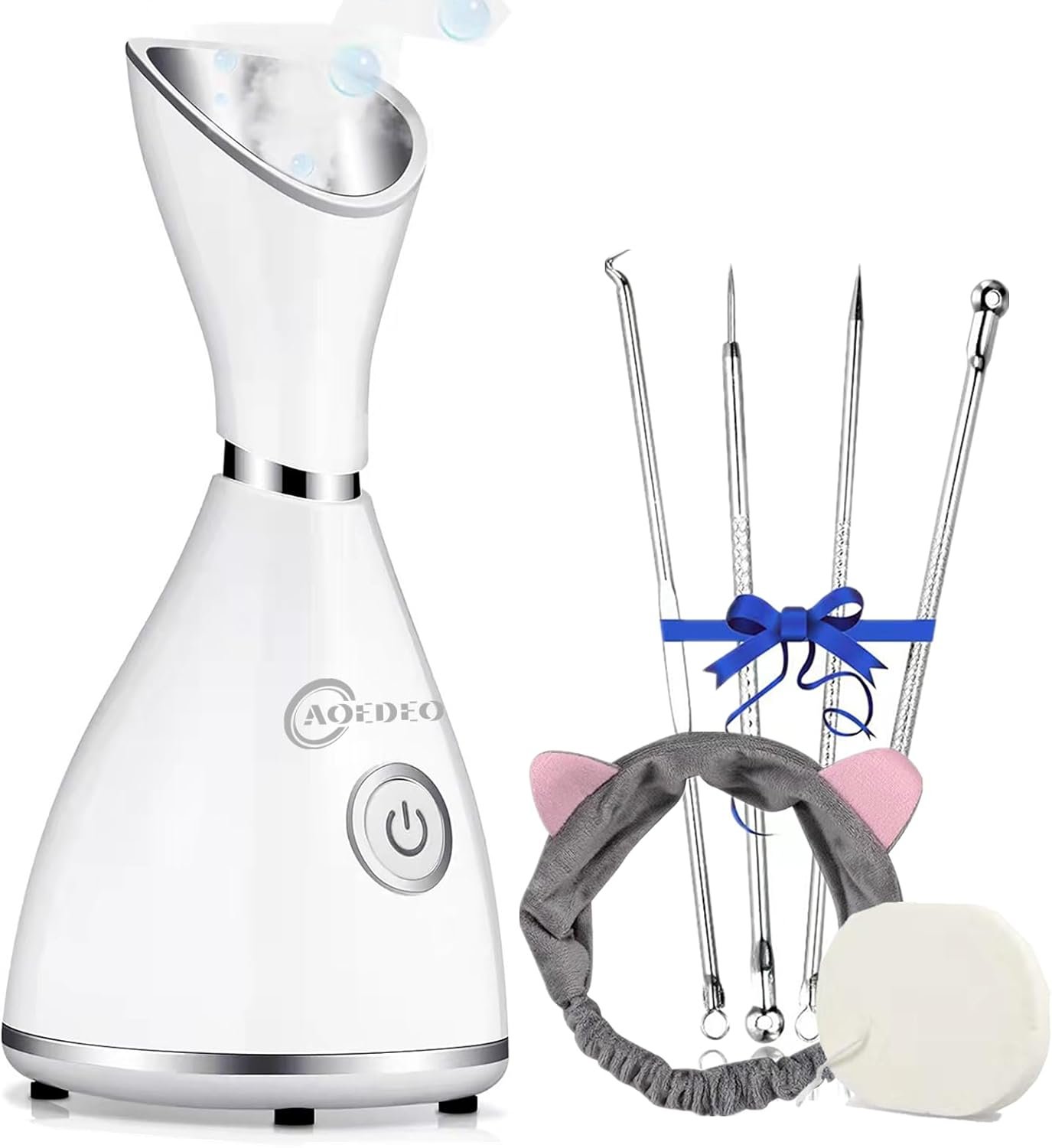 Nano Ionic Face Steamer - Warm Mist Humidifier for Deep Facial Cleansing - 4 Piece Stainless Steel Skin Kit, Hair Band, Wash Face Sponge