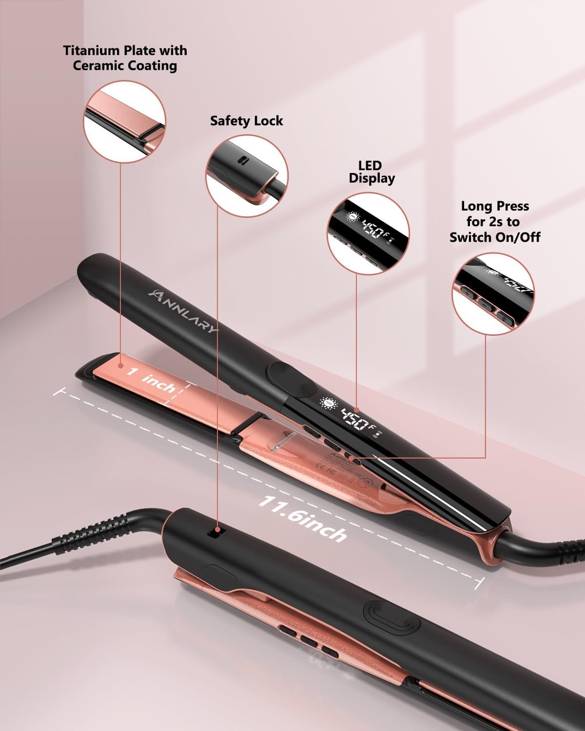 Annlary Hair Straightener 1 Inch Flat Iron and Curler 2 in 1 Titanium Ceramic Ionic Dual Voltage Straightener with Heat-Resistant Silicone, for Less Frizz, Shinier & Smoother - Image 6