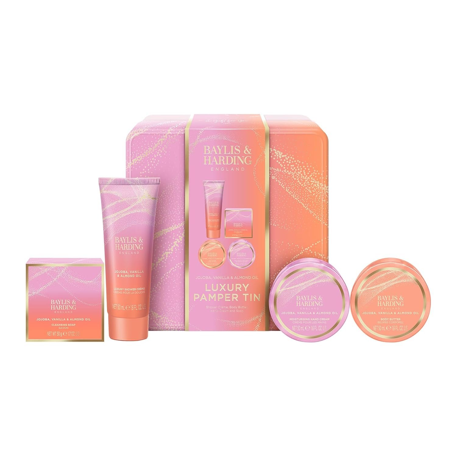 Baylis & Harding Jojoba, Vanilla & Almond Oil Luxury Pamper Tin Gift Set For Women - Vegan Friendly
