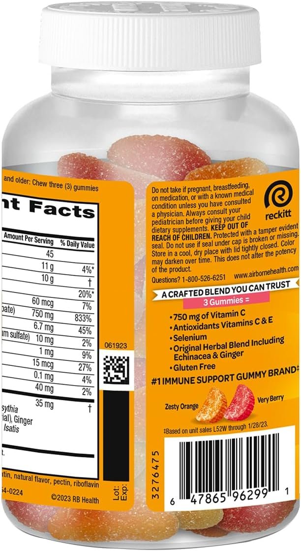Airborne 750mg Vitamin C Gummies for Adults, Immune Support Supplement with Powerful Antioxidants Vitamins A C & E - 2x63ct Bottles (126 Gummies), Assorted Fruit Flavor - Image 3