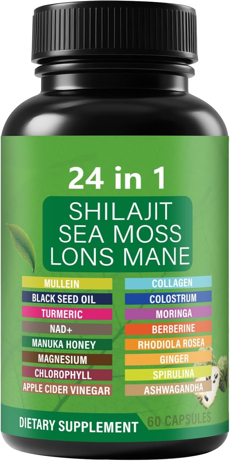 Soursop Capsules with 24-in-1 Herbal Blend - Includes Graviola, Shilajit, Sea Moss, Lions Mane, Turmeric, Ashwagandha, Ginger, Manuka Honey - Vegan, Non-GMO Dietary Supplement - 60 Capsules (01)