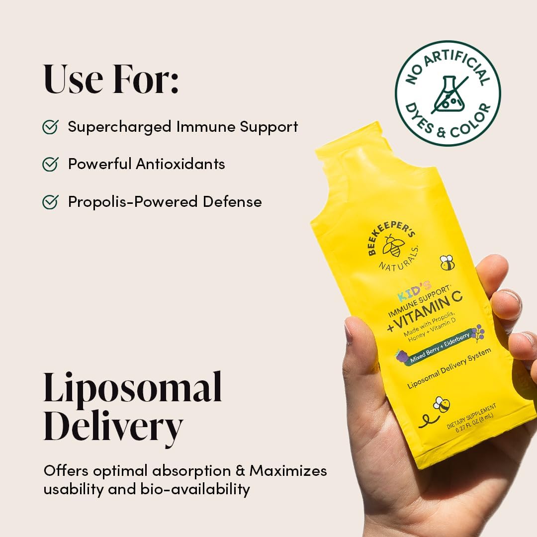 Kid's Immune Liposomal Vitamin C by Beekeeper's Naturals, 500 mg Vitamin C, Elderberry, Vitamin D, Propolis & Honey, Kid-Friendly Immune Support - Mixed Berry Flavor, Easy to Use, Bioavailable, 12 Ct - Image 3