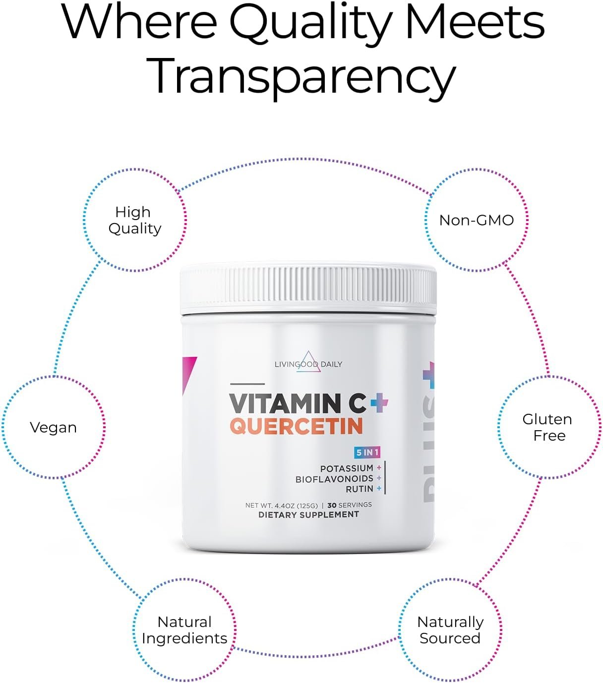 Livingood Daily High Dose Vitamin C Powder Supplement, 2,600 MG Ascorbic Acid Powder Supports Immunity & Skin Health, Powdered Vitamin C with Quercetin, Sweetened with Stevia, Vegan, 30 Servings - Image 4