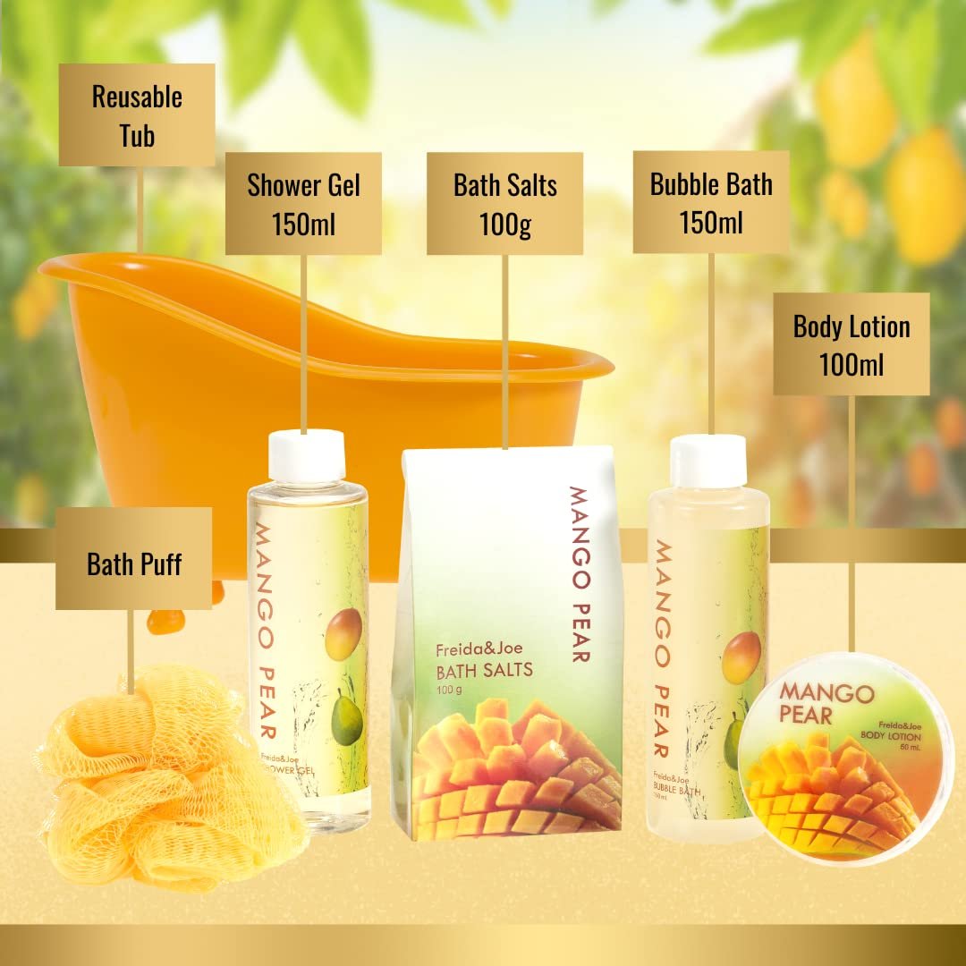 Tropical Mango Pear Fragrance Spa Set for Women - Bath & Body Set in Stylish Orange Tub - Gift Ready with Shower Gel, Body Lotion, Bubble Bath, Bath Salts, and Bath Puff – Mother's - Image 5