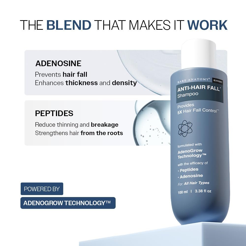 Bare Anatomy Anti-Hair Fall Shampoo | Provides 5x Hair Fall Control | pH 4.6 | Adenosine & Peptides | Strengthens Weak Roots & Reduces Breakage | Sulphate & Paraben Free | Unisex | 100ml - Image 6