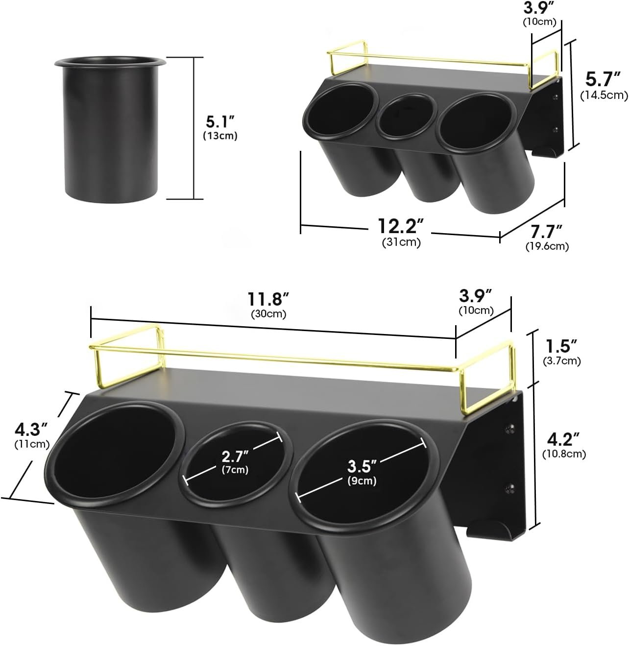 J JACKCUBE DESIGN Hair Dryer Holder Wall Mount Bathroom Vanity Hair Styling Care Tool Accessories 3 Cups Storage Organizer Caddy with Shelf Steel Black Gold- MK1002A (Black) - Image 7