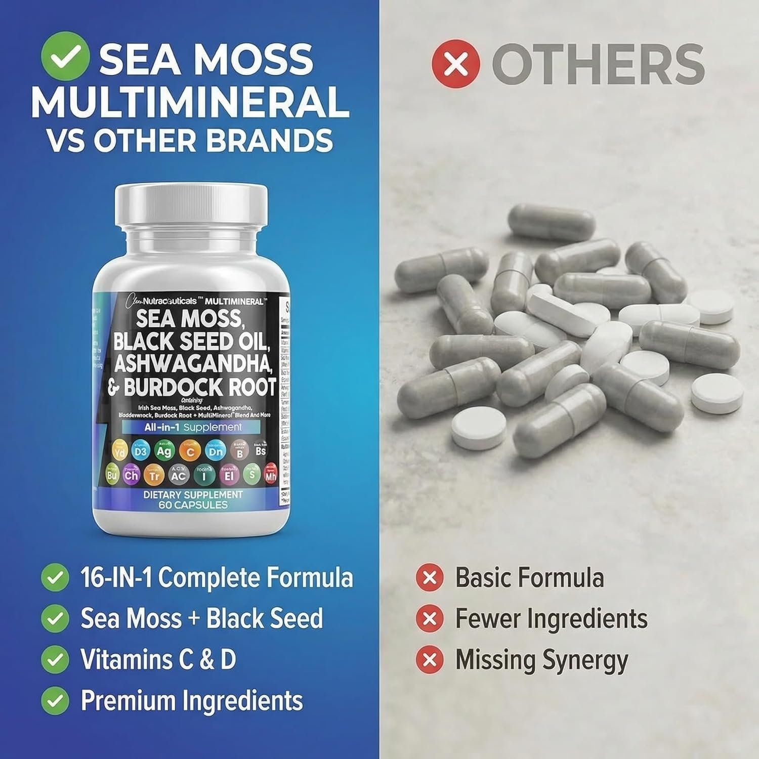 Clean Nutraceuticals Sea Moss Black Seed Oil Ashwagandha Turmeric Bladderwrack Burdock & Vitamin C Vitamin D3 with Elderberry Manuka Dandelion Yellow Dock Iodine Chlorophyll ACV - Image 7