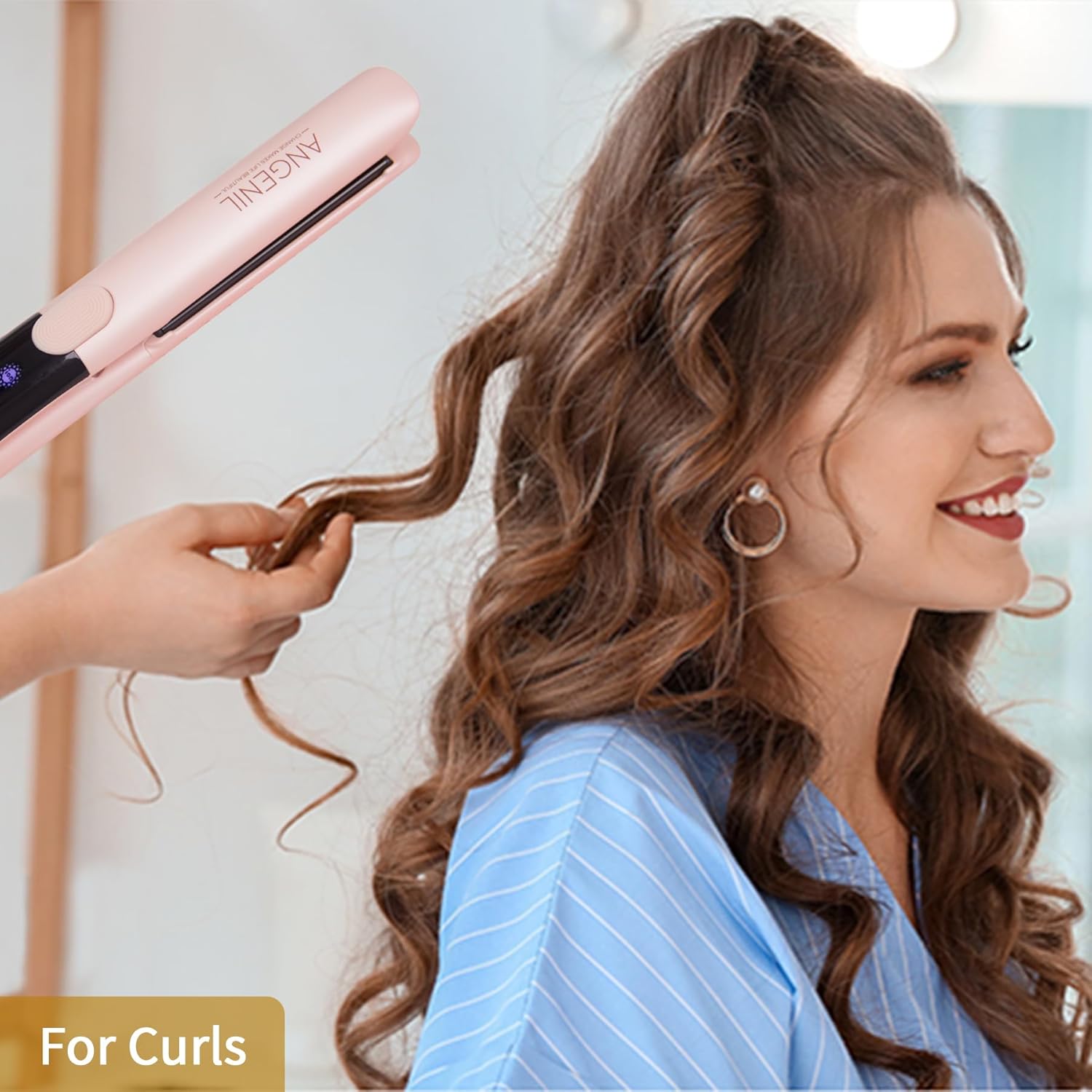 ANGENIL Pro Titanium Flat Iron Hair Straightener and Curler 2 in 1 with Heat Resistant Silicone Mat, Round Pink Dual Voltage Hair Straightener Irons, Smoothness, Large LCD Display, 20s Fast Heating - Image 4