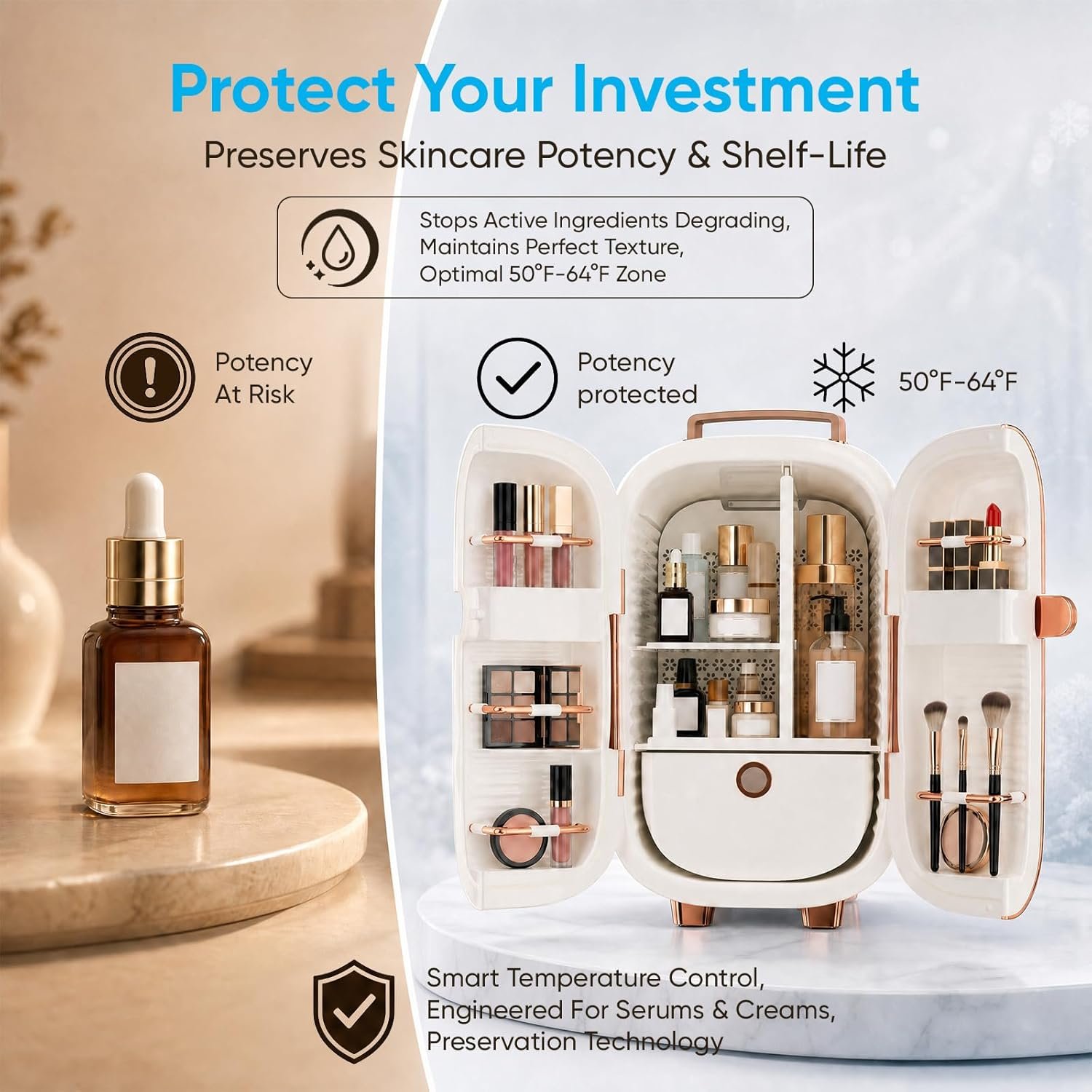 Portable Skincare Fridge, 3 Operating Modes with 360° Cycle Drying Mini Fridge, With 5 Door Racks, Low noice, Ideal for Makeup, Cosmetic Beauty, Skin Care, White - Image 3