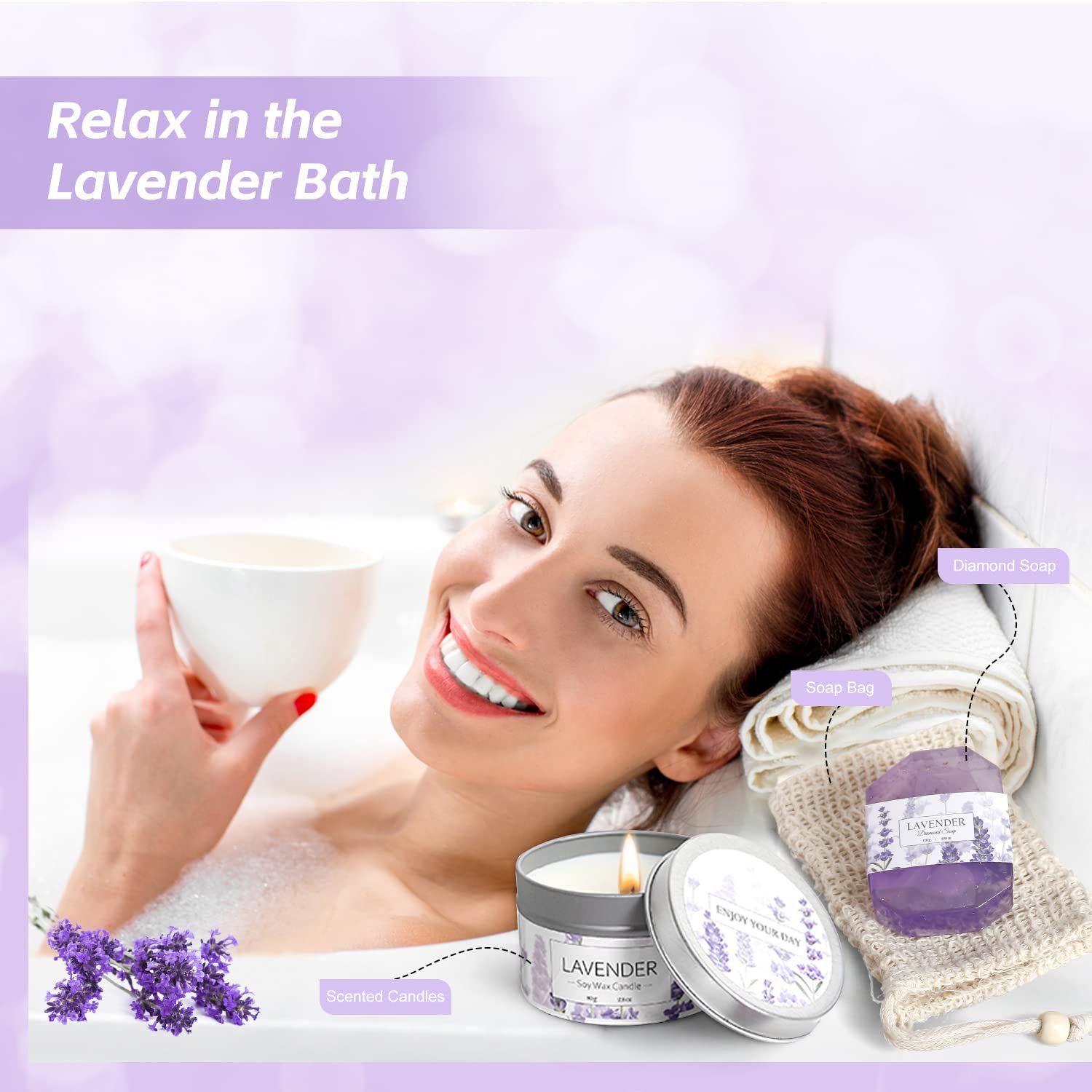 Lavender Spa Gifts Set, 11 Pcs Bath Gift Set for Women, Relaxing Spa Gifts, Home Spa Bath Set Self Care Package, Birthday Gifts for Womens Her Mom Friends Wife Girlfriend Wife - Image 5