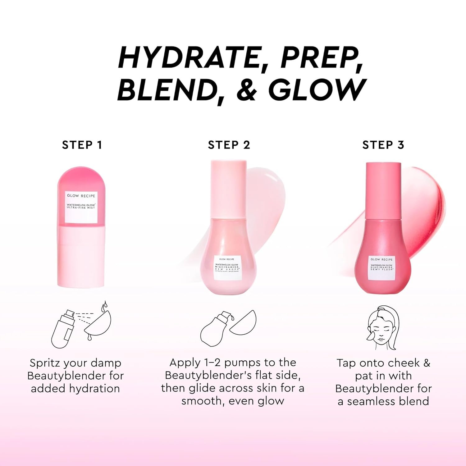 Glow Recipe x Beautyblender: Watermelon Glow Skincare and Makeup Prep Set - Niacinamide Dew Drops, Dewy Flush Liquid Blush, Ultra-Fine Hydrating Face Mist and Exclusive Beautyblender Makeup Sponge - Image 4