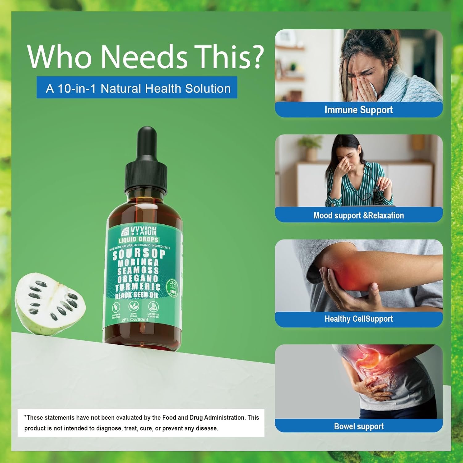 Soursop Bitters Liquid Drops 10 in 1 with Sea Moss, Moringa, Turmeric, Black Seed Oil, Oregano, Ashwagandha | Herbal Extracts for Overall Health-Enhancing | Vegan, Non-GMO | 2 Fl Oz - Image 3