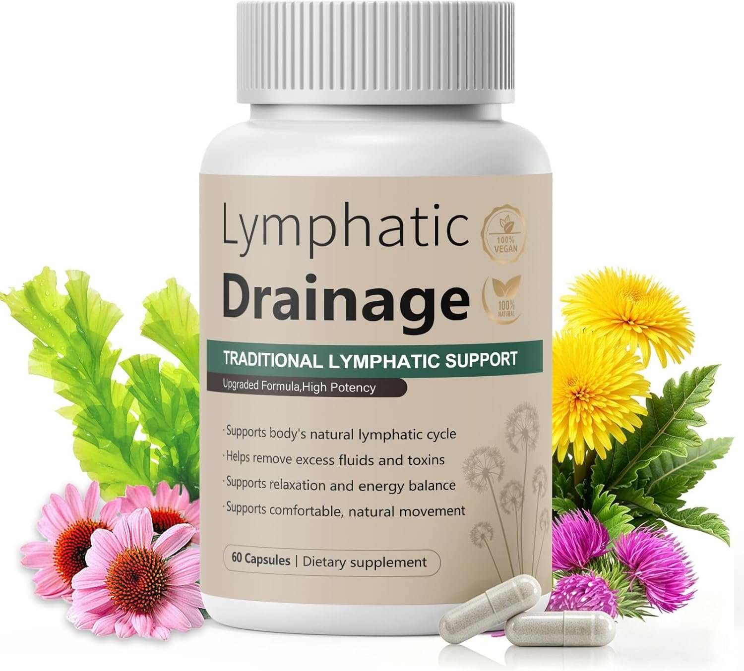 Lymphatic Drainage Capsules Natural Herbal Supplement for Fluid Balance & Immune Health and Daily Lymphatic Wellness, with Echinacea, Dandelion, and Burdock 60 Capsules