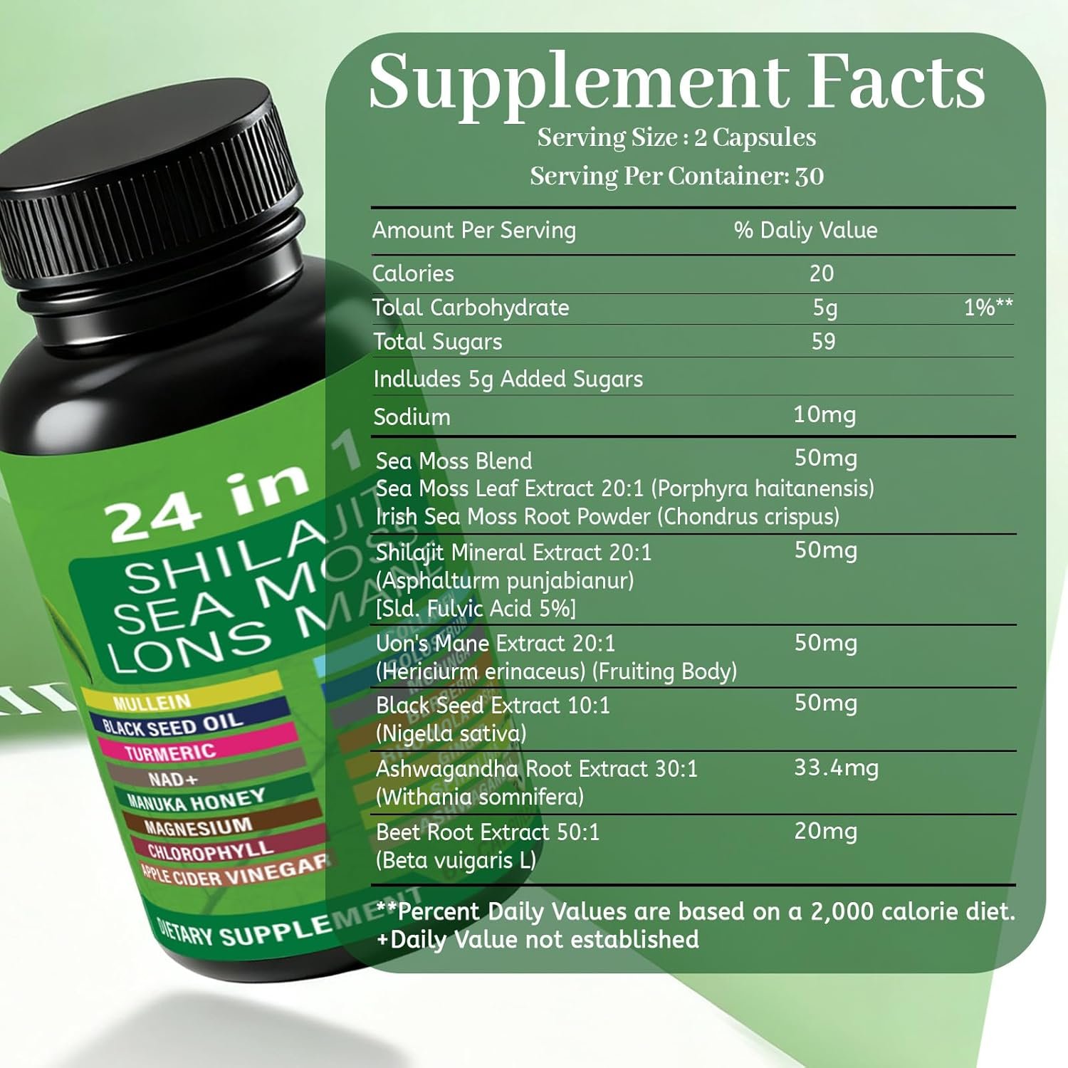 Soursop Capsules with 24-in-1 Herbal Blend - Includes Graviola, Shilajit, Sea Moss, Lions Mane, Turmeric, Ashwagandha, Ginger, Manuka Honey - Vegan, Non-GMO Dietary Supplement - 60 Capsules (01) - Image 5