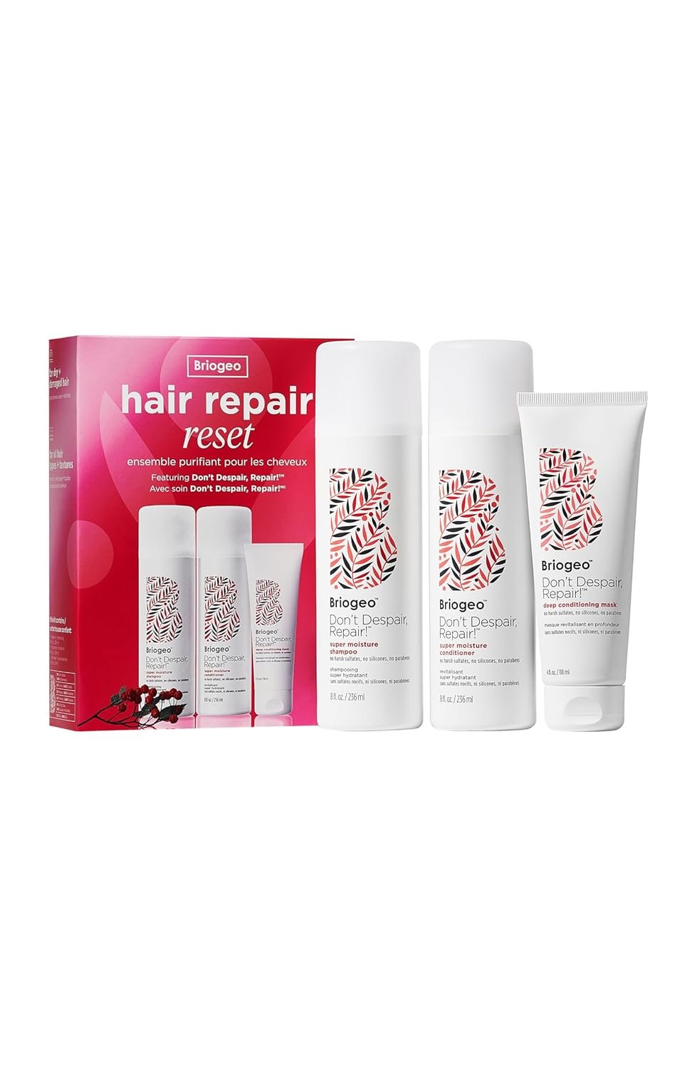 Briogeo Don't Despair, Repair! Hair Repair Reset Kit | Contains Super Moisture Shampoo, Conditioner & Deep Conditioning Mask | Repairs Dry, Damaged or Color Treated Hair | Vegan & Cruelty-Free