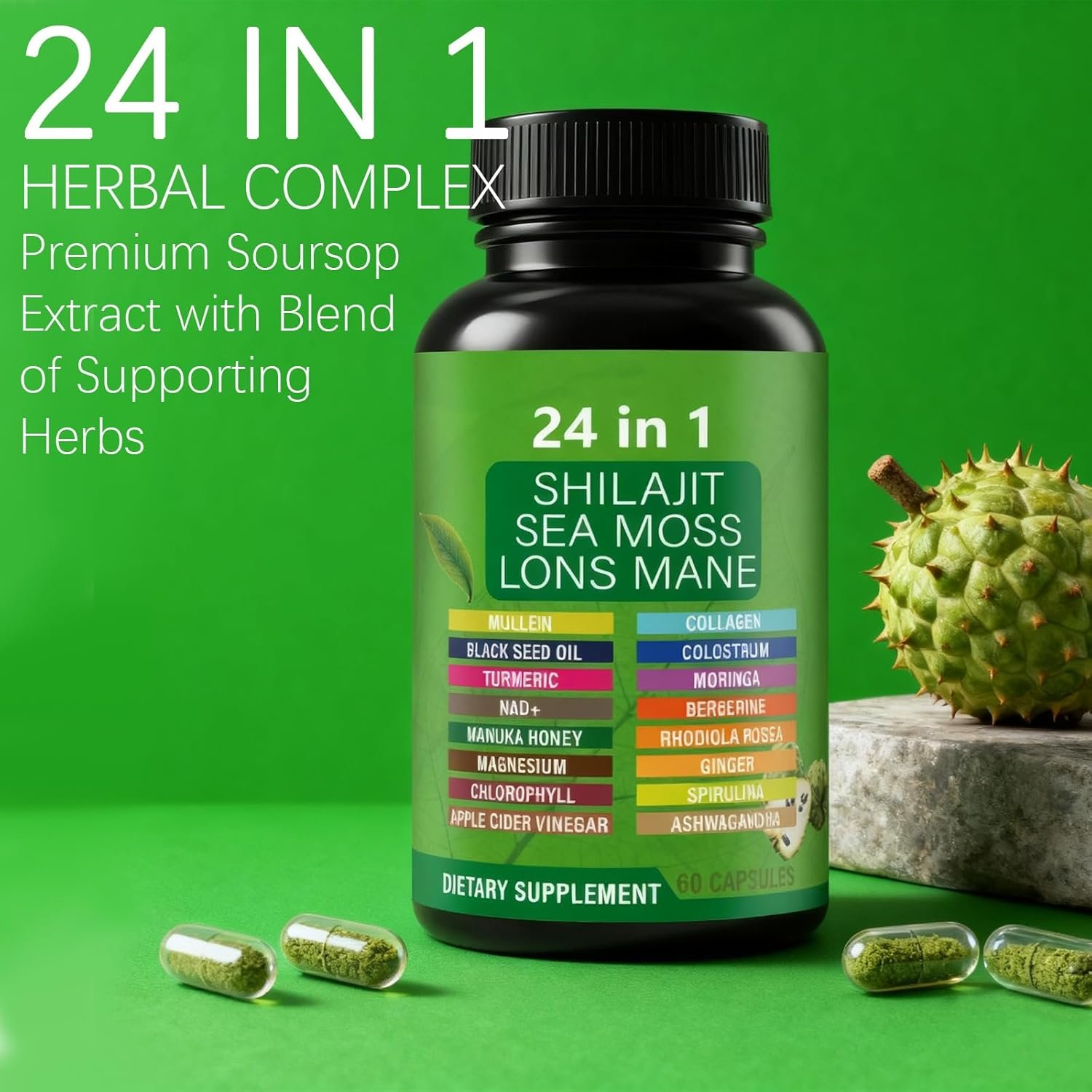 Soursop Capsules with 24-in-1 Herbal Blend - Includes Graviola, Shilajit, Sea Moss, Lions Mane, Turmeric, Ashwagandha, Ginger, Manuka Honey - Vegan, Non-GMO Dietary Supplement - 60 Capsules (01) - Image 6