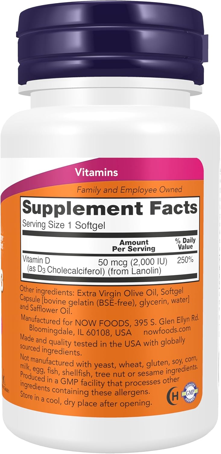 NOW Foods Supplements, Vitamin D-3 2,000 IU, High Potency, Structural Support*, 240 Softgels - Image 2