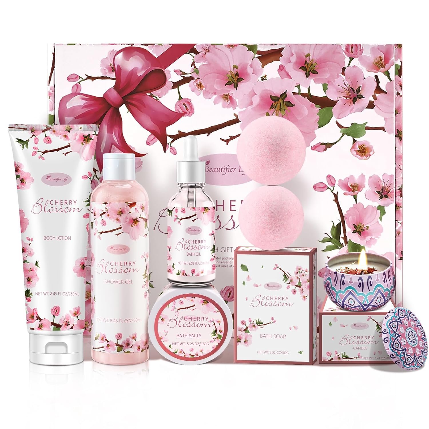 Beautifier Life Bath and Body Gift Set for Women - Luxurious Home Spa Gift Set,Japanese Cherry Blossom 7-Piece Set Including Shower Gel,Body Lotion,Bath Oil,Bath Salt,Soap,Bath Bombs and Candle