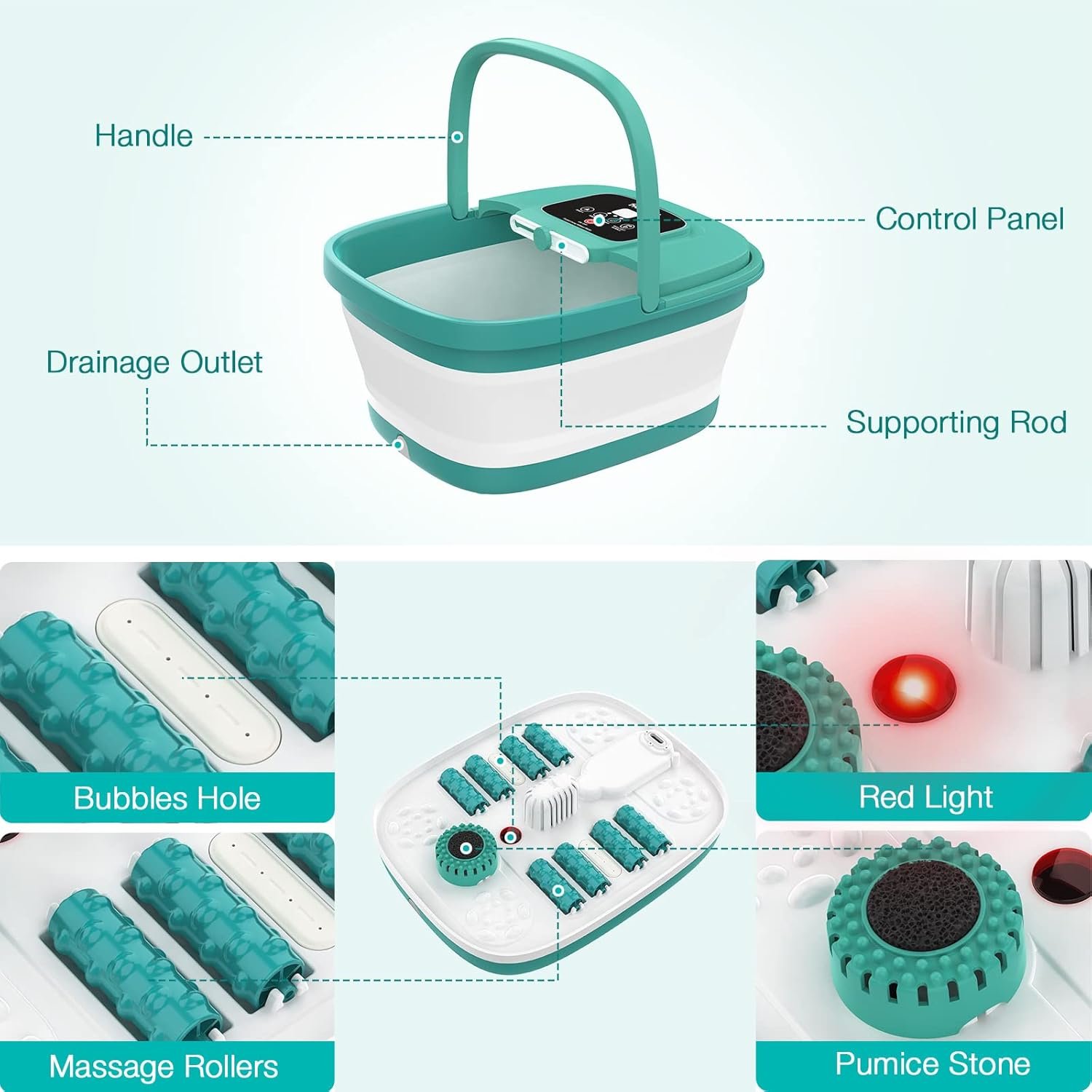 HOSPAN Collapsible Foot Spa with Heat, Bubble, Red Light, and Temperature Control, Foot Bath Massager with 8 Shiatsu Massage Rollers, Pedicure Foot Spa for Relaxation - FS01A - Image 6