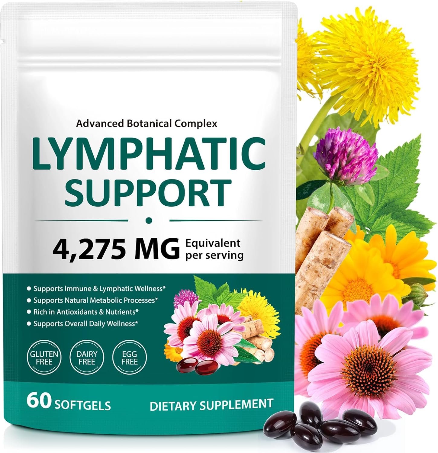 Lymphatic Drainage Supplements, 4275mg Herbal Blend for Immune and Fluid Health for Men Women,with Dandelion, Burdock Root, Echinacea, Turmeric, 60 Softgels for Lymph System Balance