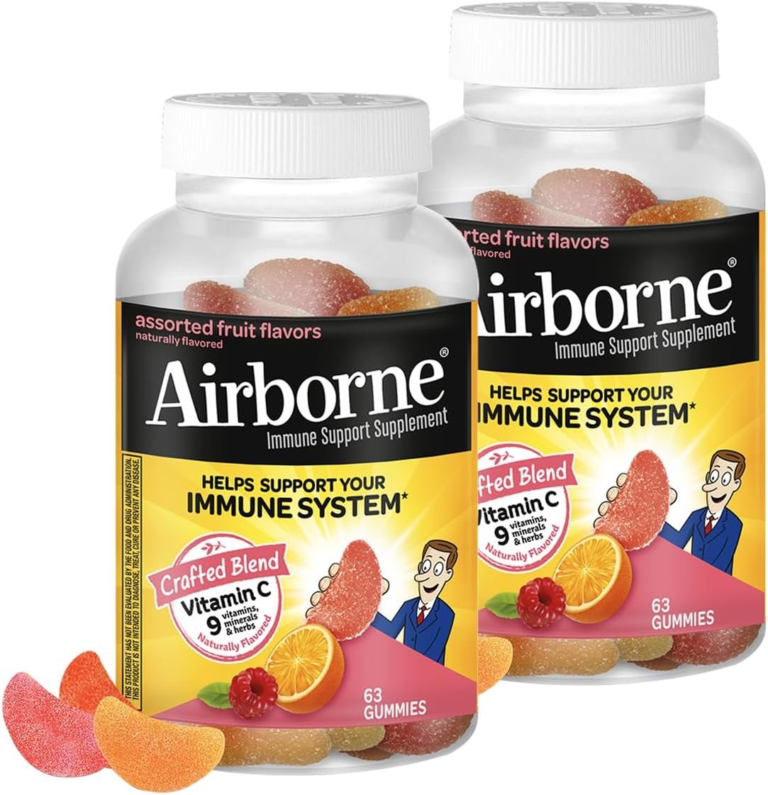 Airborne 750mg Vitamin C Gummies for Adults, Immune Support Supplement with Powerful Antioxidants Vitamins A C & E - 2x63ct Bottles (126 Gummies), Assorted Fruit Flavor