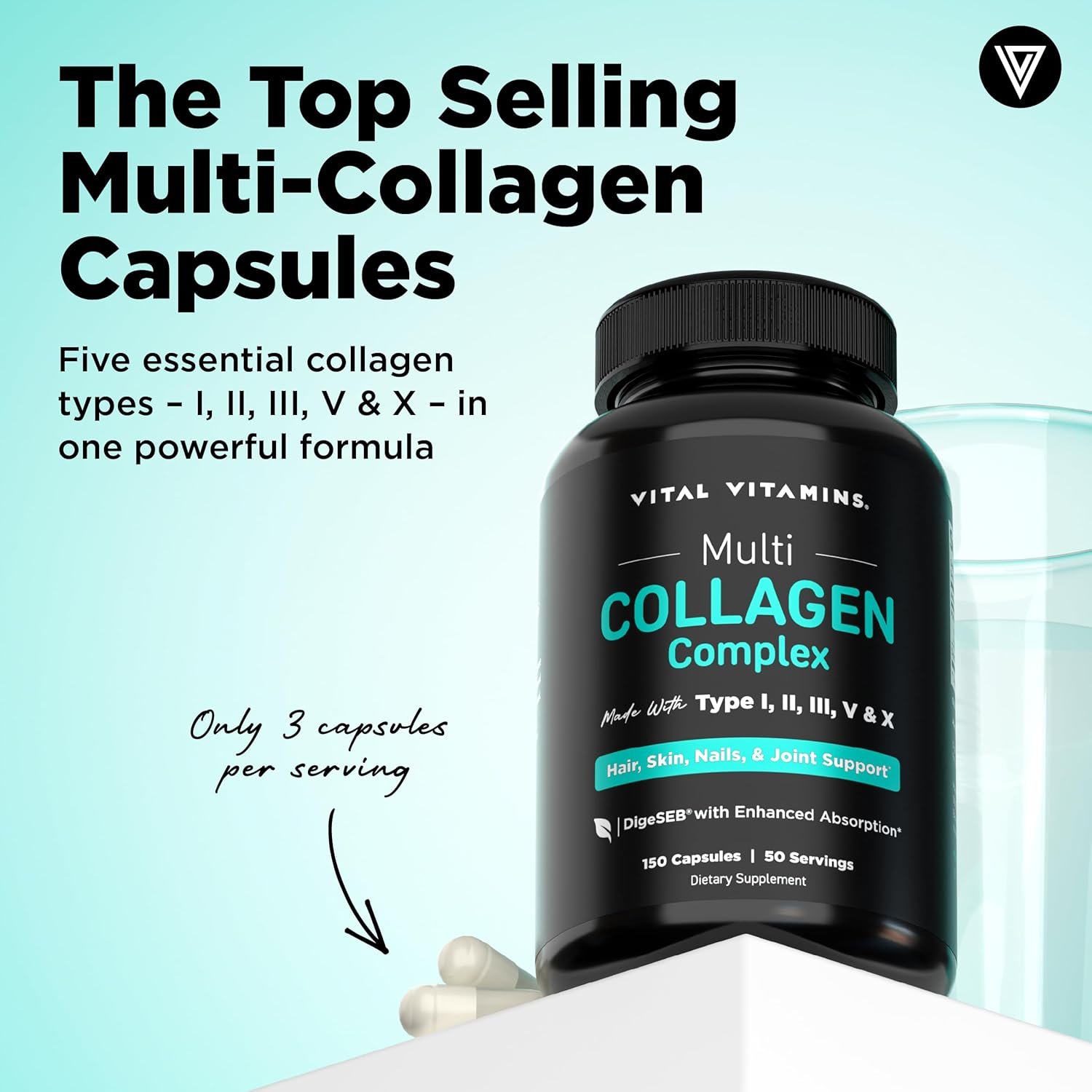 Vital Vitamins Multi Collagen Peptides Capsules for Women & Men - Type I, II, III, V, X Collagen Supplements - Grass-Fed, Non-GMO - 150 Pills - Image 2