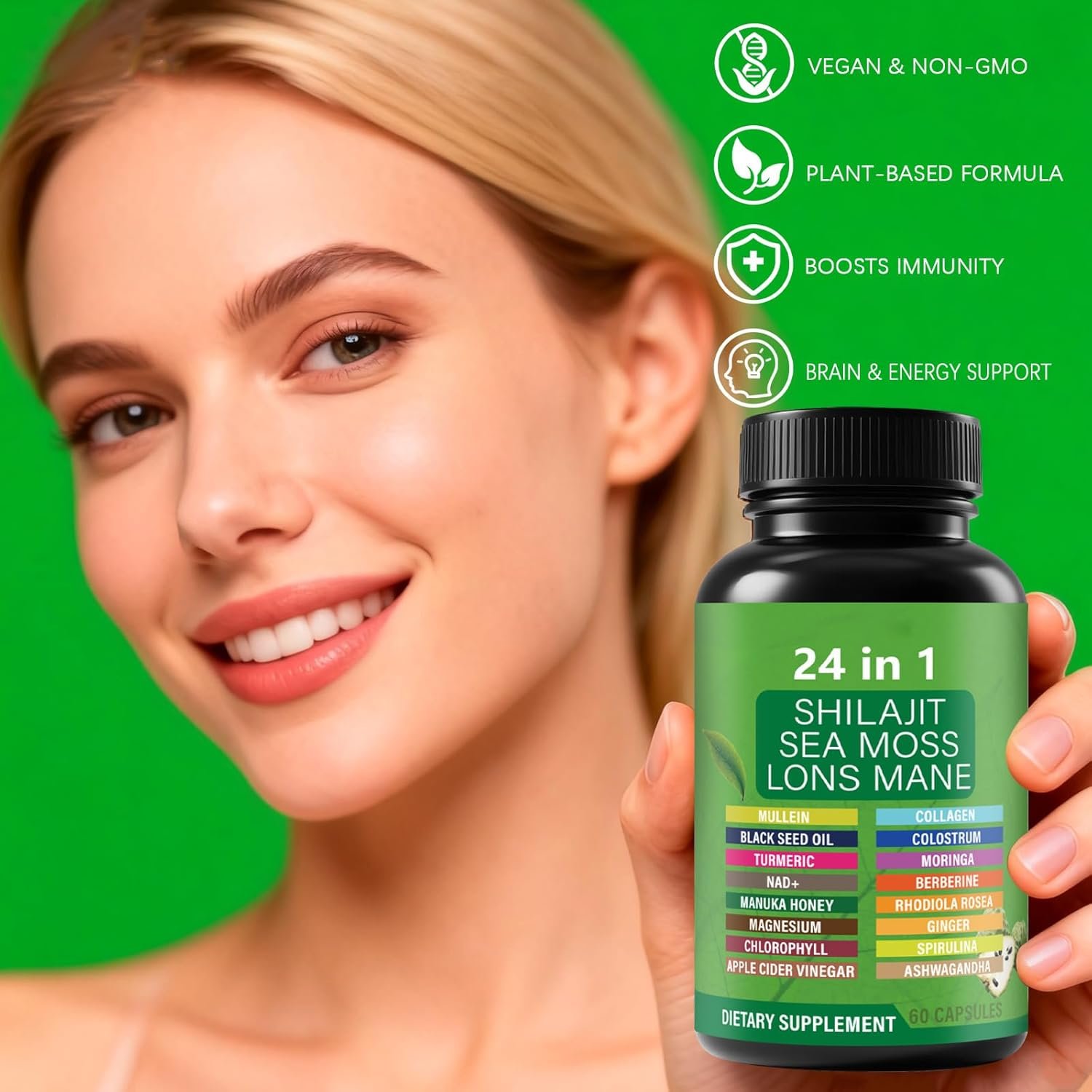 Soursop Capsules with 24-in-1 Herbal Blend - Includes Graviola, Shilajit, Sea Moss, Lions Mane, Turmeric, Ashwagandha, Ginger, Manuka Honey - Vegan, Non-GMO Dietary Supplement - 60 Capsules (01) - Image 2