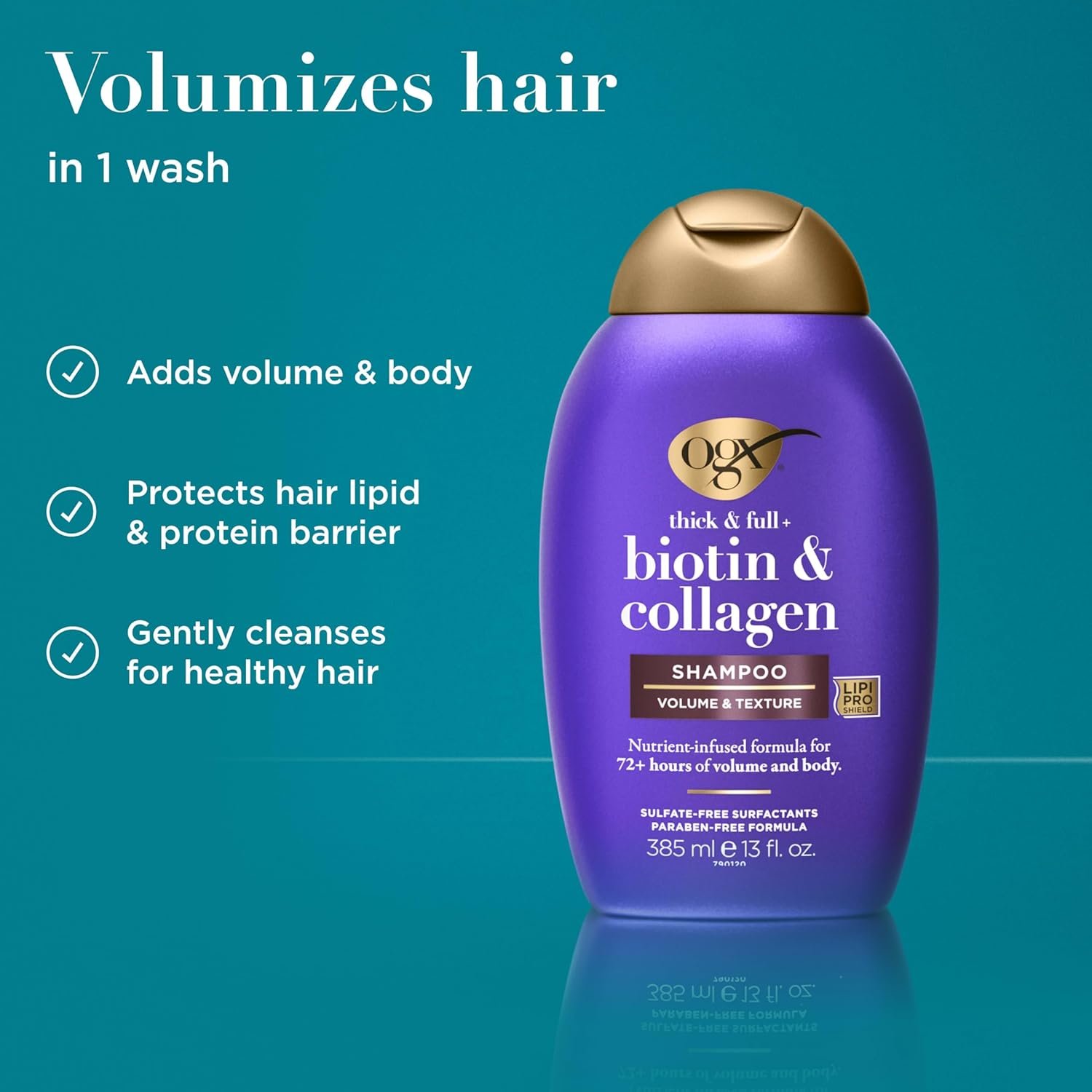 OGX Thick & Full + Biotin & Collagen Volumizing Shampoo, Nutrient-Infused Hair Shampoo with Vitamin B7 Biotin Gives Hair Volume & Body for 72+ Hours, Sulfate-Free Surfactants, 13 fl. oz - Image 3
