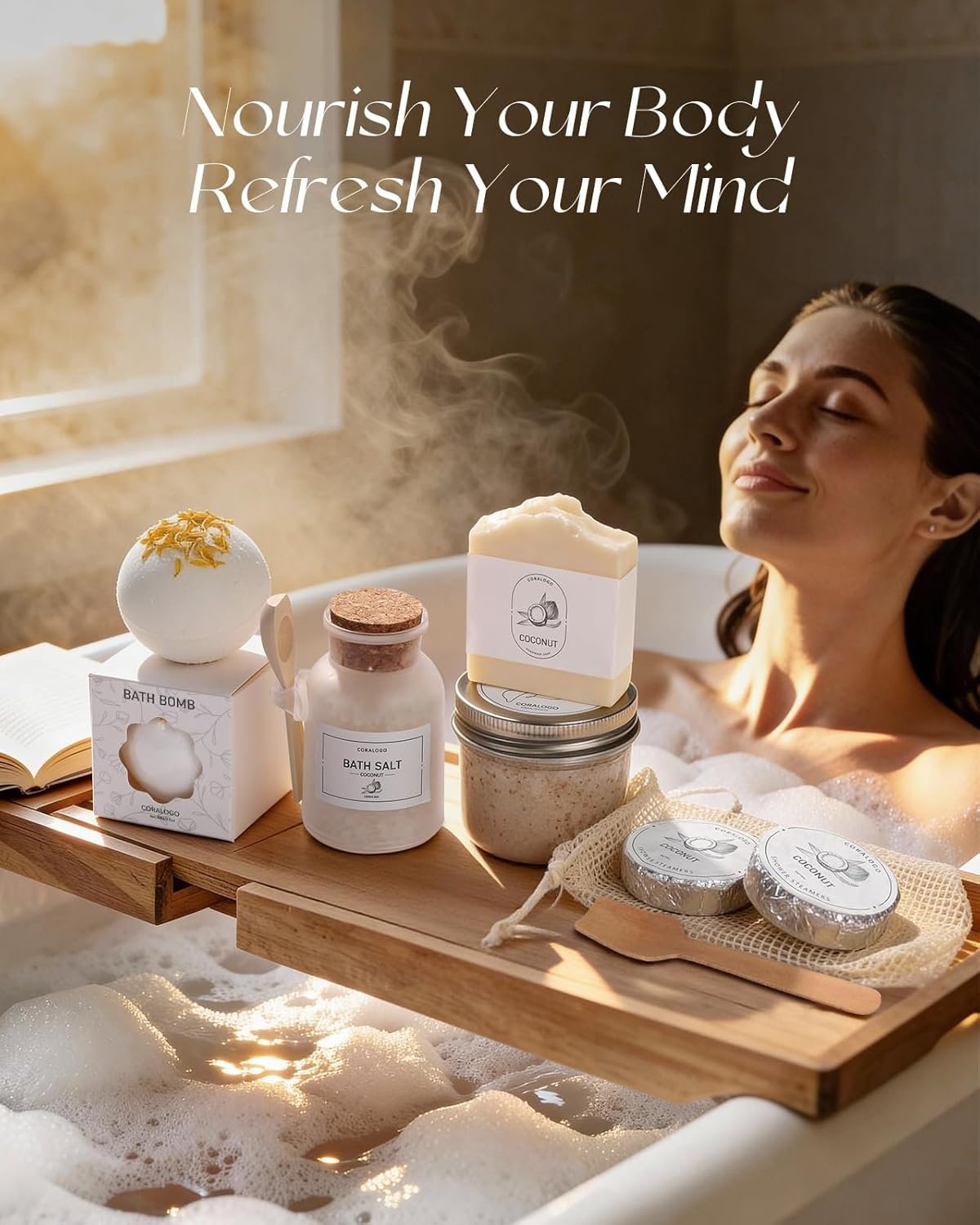 Coconut Spa Gifts for Women - 12pc Self-care Spa Gift Basket with Bath Salt, Greeting Card - Thinking of You Basket for Her Birthday, Christmas, Mother's Day, Valentine's Day - Image 3