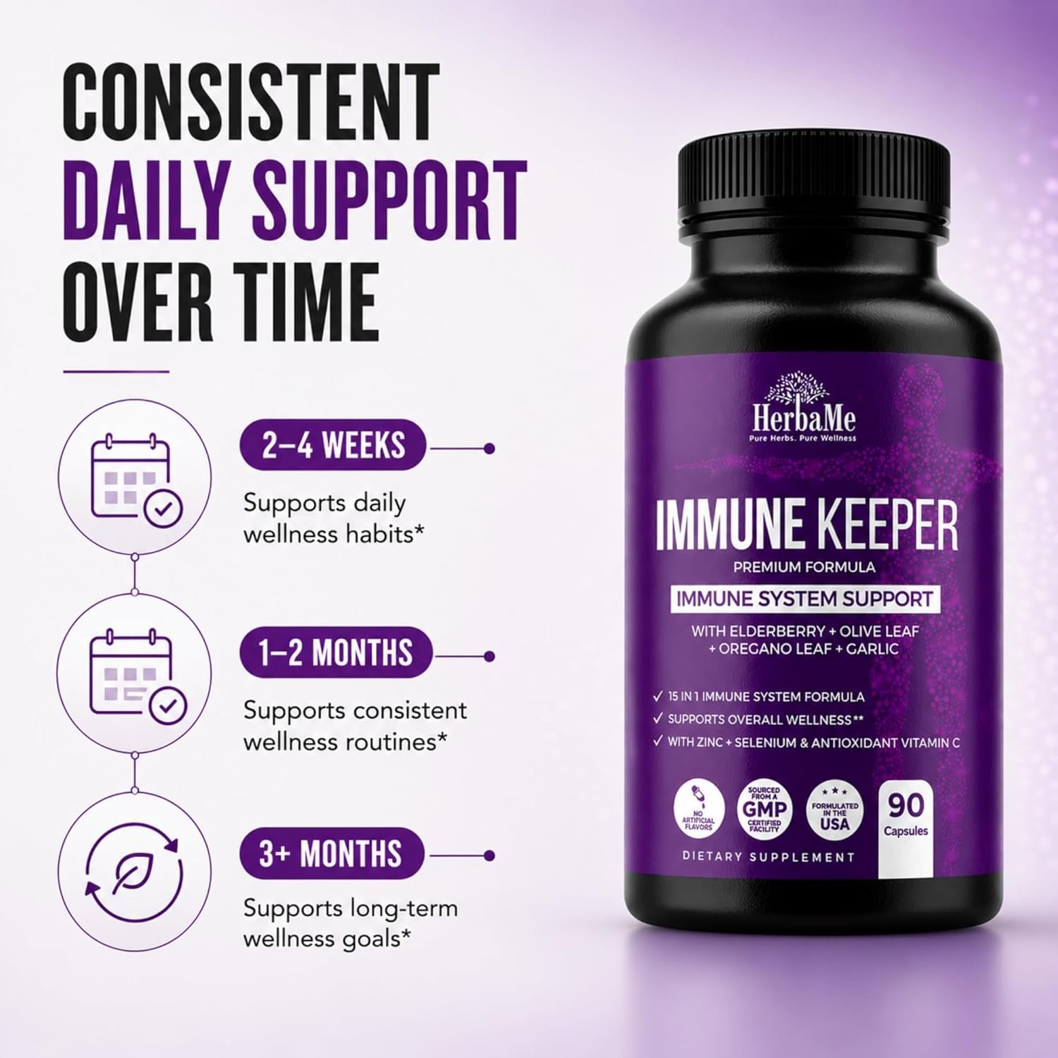 HerbaMe Immune Support Supplement, 15 in 1 Daily Wellness Formula with Elderberry, Quercetin, Zinc, Vitamin C & Selenium, Olive Leaf & Garlic for Men & Women, 90 Capsules - Image 5
