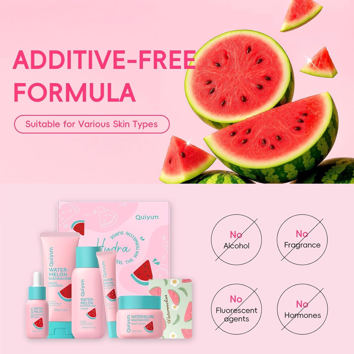 QUIYUM Watermelon Niacinamide Skin Care Set, Routine Beauty Skincare for Teens- Gift Set with Cleanser, Toner, Eye Cream, Cream, Serum, Facial Juicy Glow Up for Women, Girls, for All Skin Types (5PCS) - Image 8
