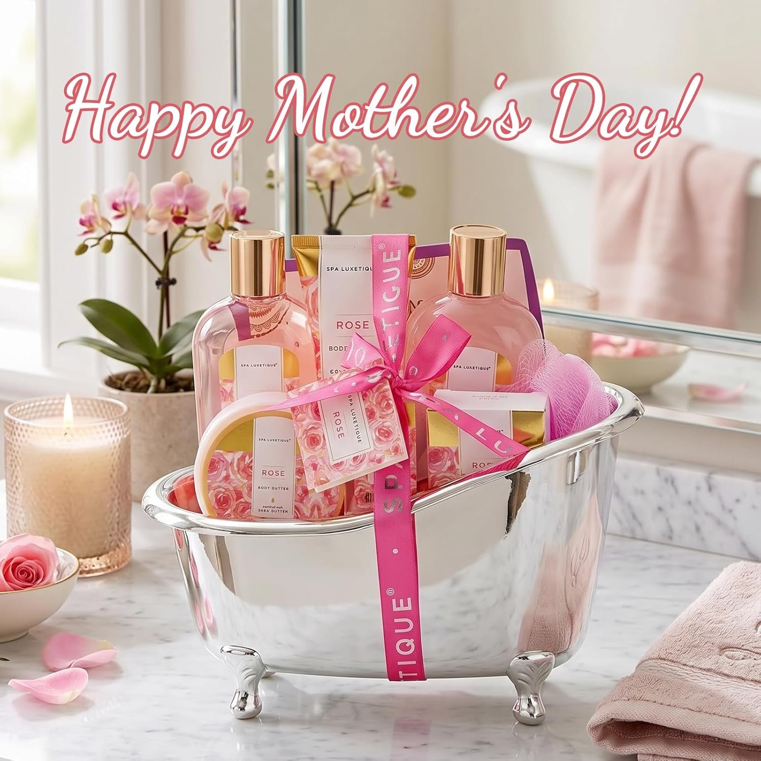 spa luxetique Gift Set For Women, Bath Sets for Women Gift, 8 Pcs Rose Spa Basket Includes Bubble Bath, Shower Gel, Body Lotion, Mom Birthday Gifts, Mother‘s Day Gifts for Her - Image 9