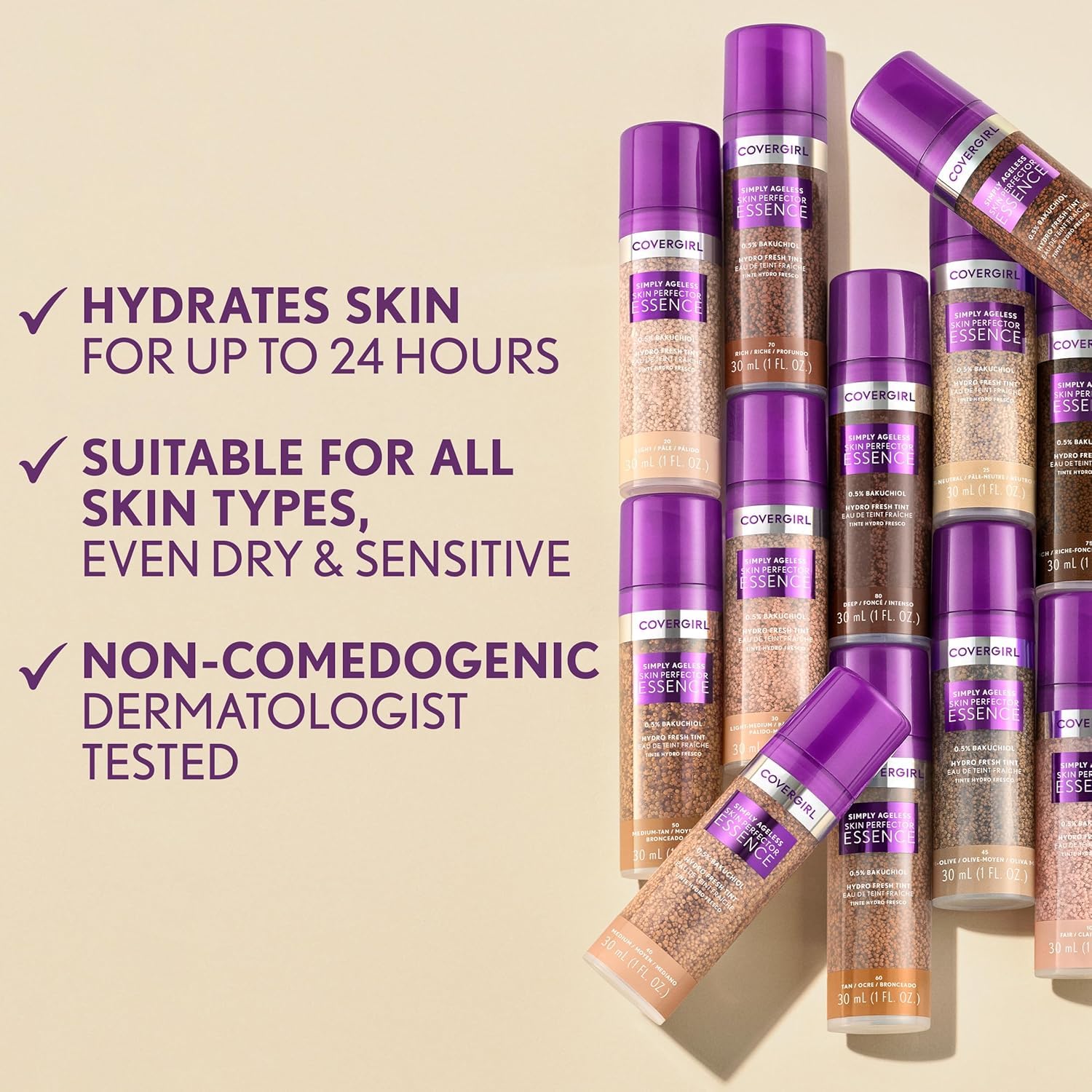 Covergirl Simply Ageless Skin Perfector Essence Foundation, 30 Light-Medium,Tinted Skincare Makeup Hybrid, Sheer Tint, Radiant Finish, Glowy Finish, Vegan Formula, 1.0oz - Image 9