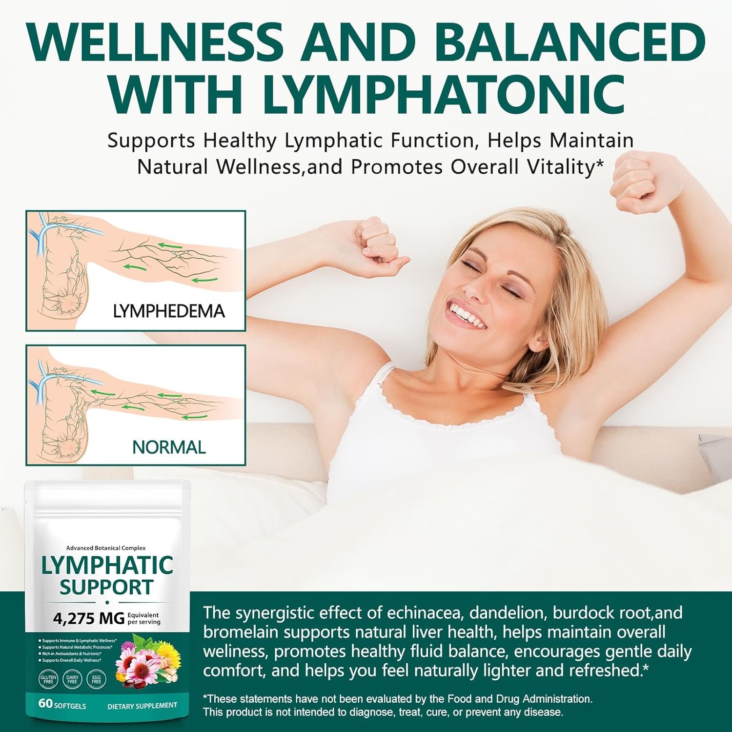 Lymphatic Drainage Supplements, 4275mg Herbal Blend for Immune and Fluid Health for Men Women,with Dandelion, Burdock Root, Echinacea, Turmeric, 60 Softgels for Lymph System Balance - Image 4
