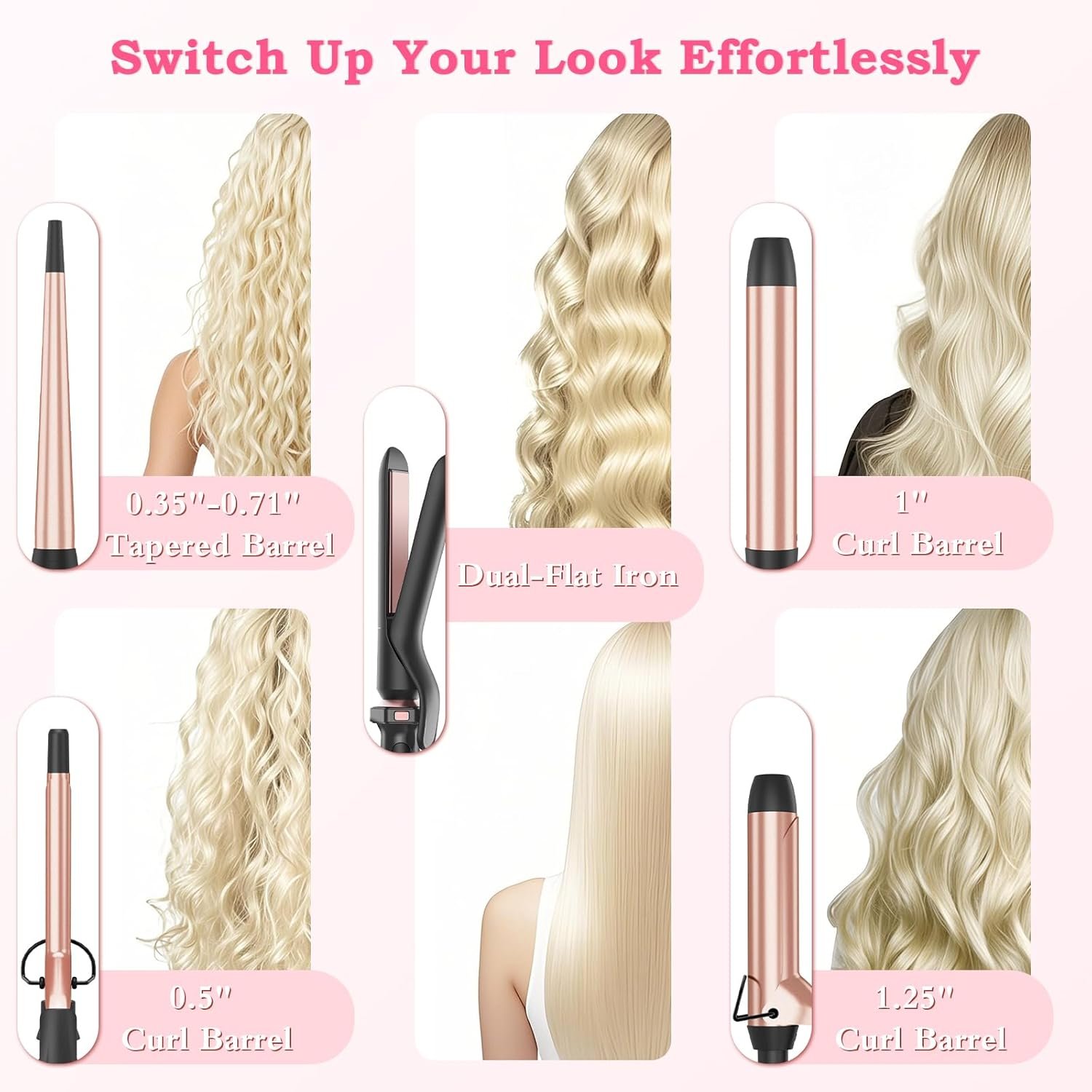 Ufree 5 in 1 Curling Iron with Interchangeable Ceramic Barrels (0.35"-1.25"), Curling Wand Set with Flat Iron Hair Straightener, Instant Heat Up, Dual Voltage Hair Curler, Gifts for Women - Image 2