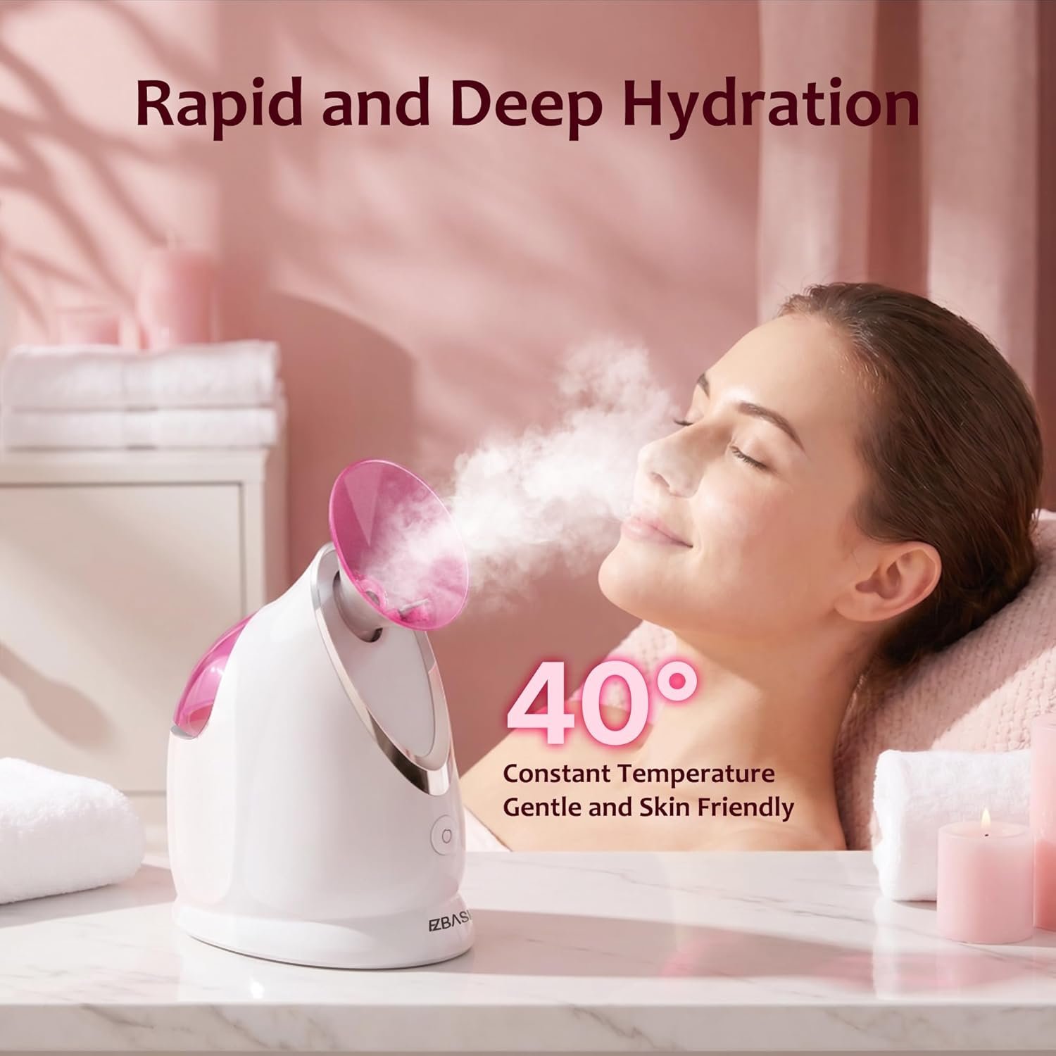 EZBASICS Facial Steamer - Professional Nano Ionic Face Steamer for Facial Deep Cleaning, Warm Mist Humidifier for Home Spa, Unclogs Pores Sinus, Bonus 5 Piece Stainless Steel Skin Kit (Pink) - Image 6