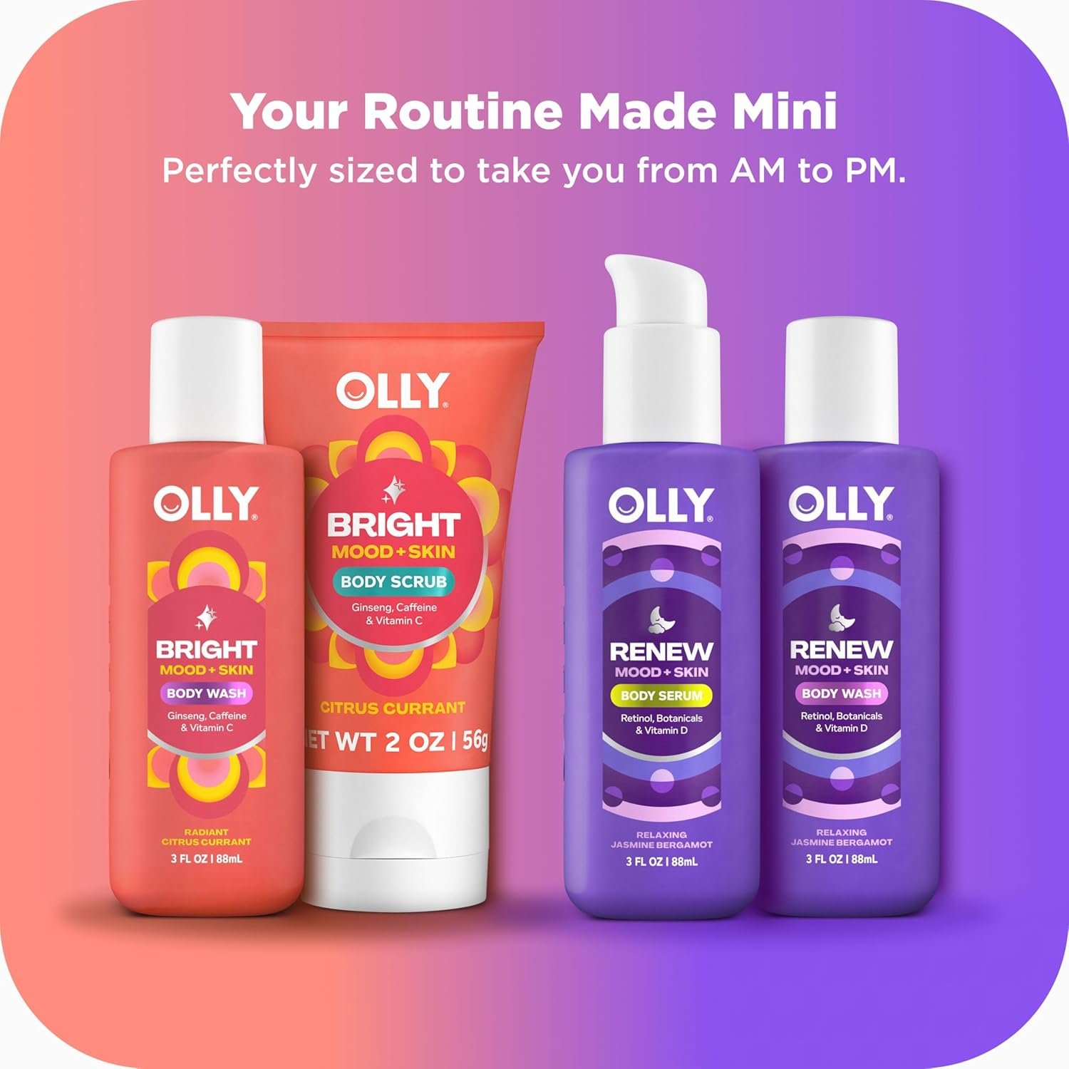 OLLY Rest & Rise Body Care Set – Day & Night Regimen – 2 Body Washes + Body Serum Lotion + Scrub – With Vitamin D, Retinol, Botanicals & Vitamin C– Nourishing, Hydrating – 4 count - Image 2