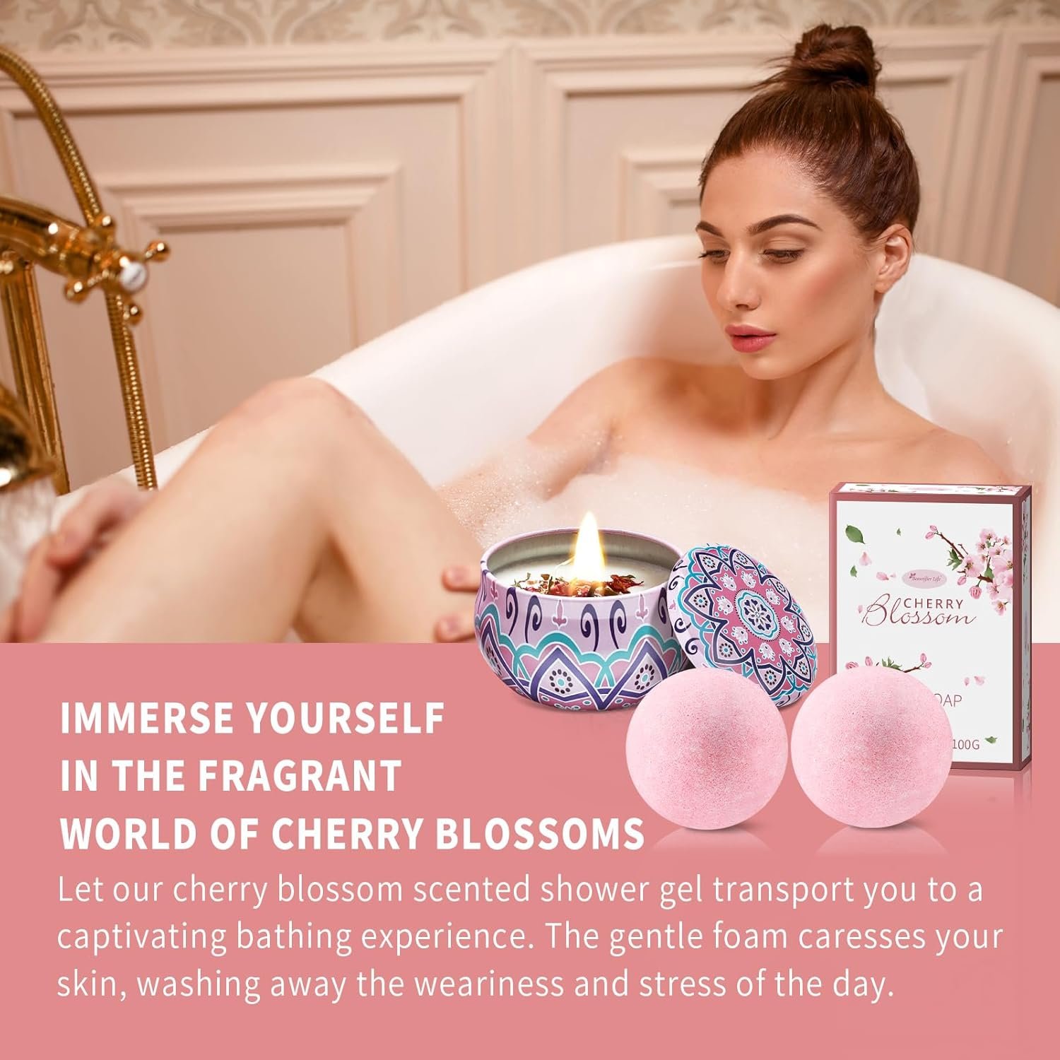 Beautifier Life Bath and Body Gift Set for Women - Luxurious Home Spa Gift Set,Japanese Cherry Blossom 7-Piece Set Including Shower Gel,Body Lotion,Bath Oil,Bath Salt,Soap,Bath Bombs and Candle - Image 6