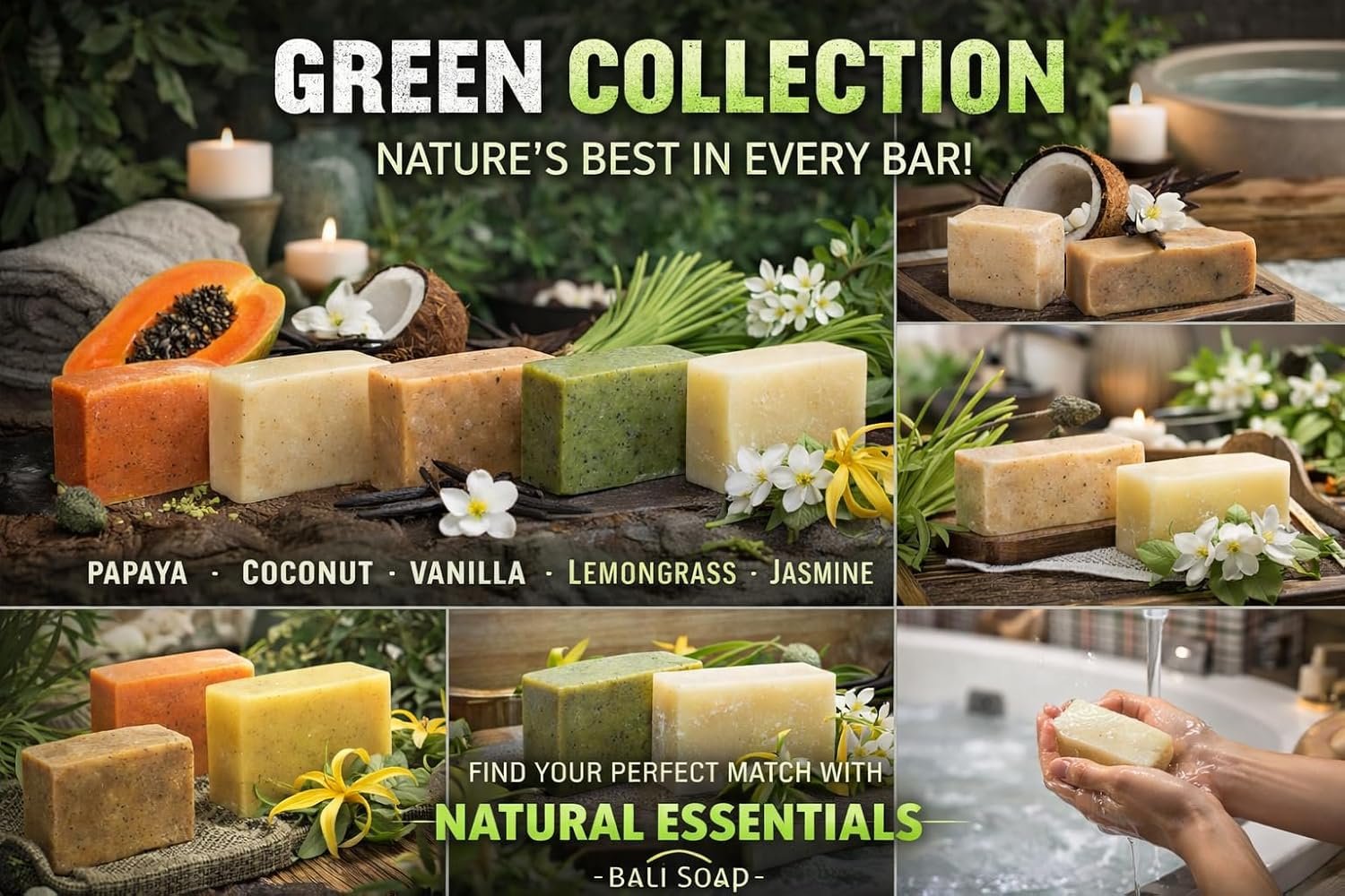Bali Soap Natural Soap Gift Set - Handmade, Cold Process, Aromatherapy Spa Bar Soap for Face & Body (Coconut, Papaya, Vanilla, Lemongrass, Jasmine, Ylang Ylang), 6 Pack (3.5 oz Each) - Image 7