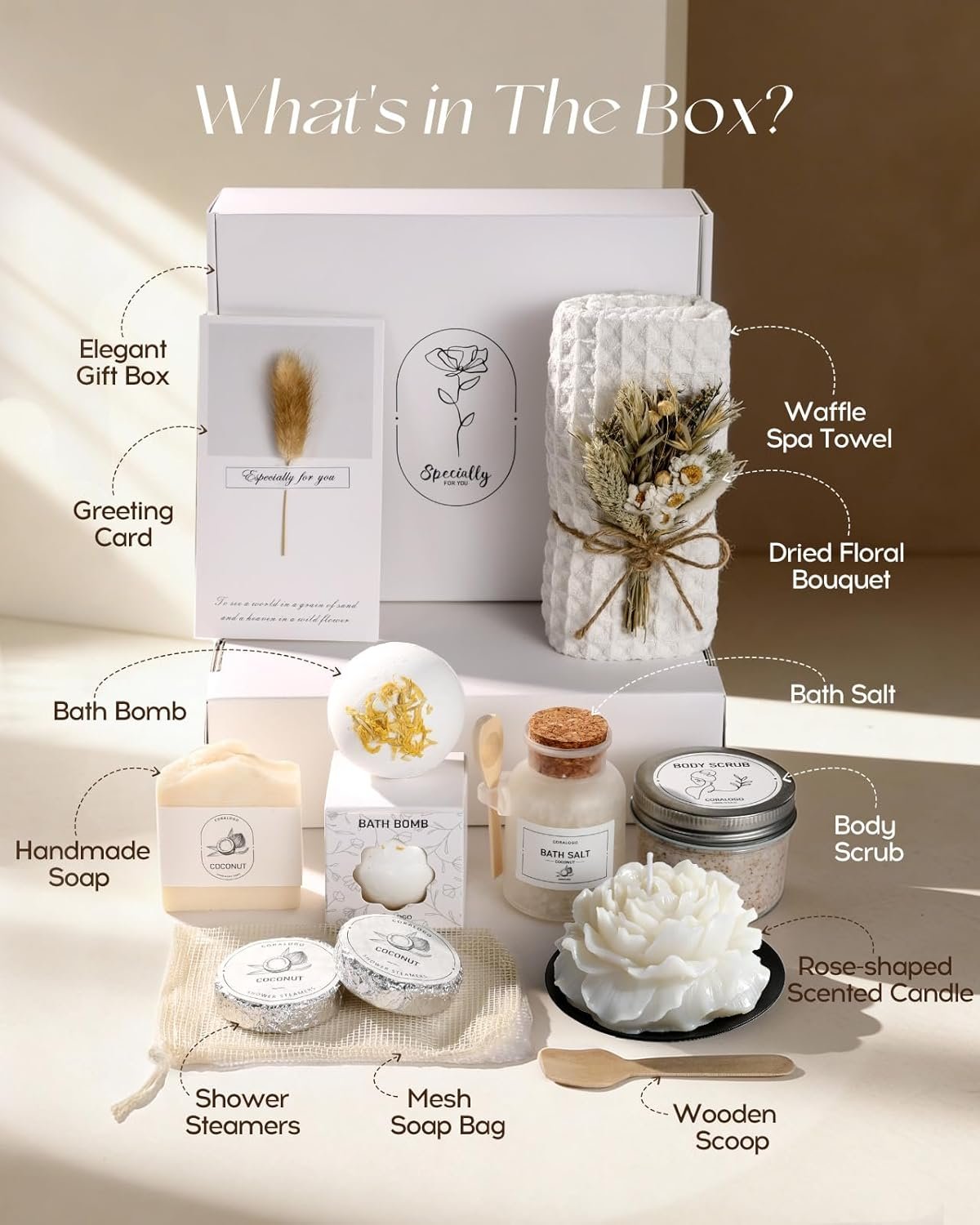 Coconut Spa Gifts for Women - 12pc Self-care Spa Gift Basket with Bath Salt, Greeting Card - Thinking of You Basket for Her Birthday, Christmas, Mother's Day, Valentine's Day - Image 2