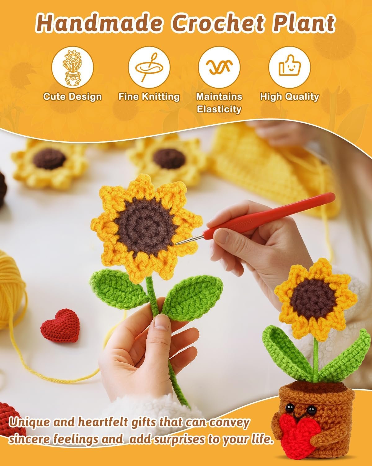 2pcs Knitted Flowers Sunflower Gifts for Women Handmade Knitted Planters with Card Gifts Birthday Gifts for Women Mom Family Friend Teacher Coworker Xmas Party (2pcs) - Image 3